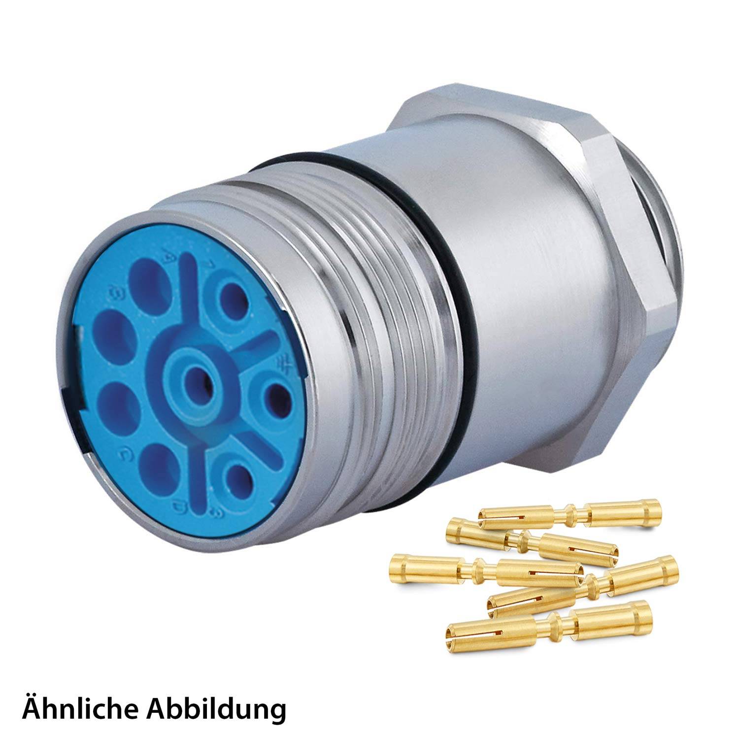 Ein silberner mechanischer Verbinder mit einem blauen Ende neben mehreren kleinen goldenen Komponenten, die einen Teil eines elektrischen Verbindungssystems zeigen.