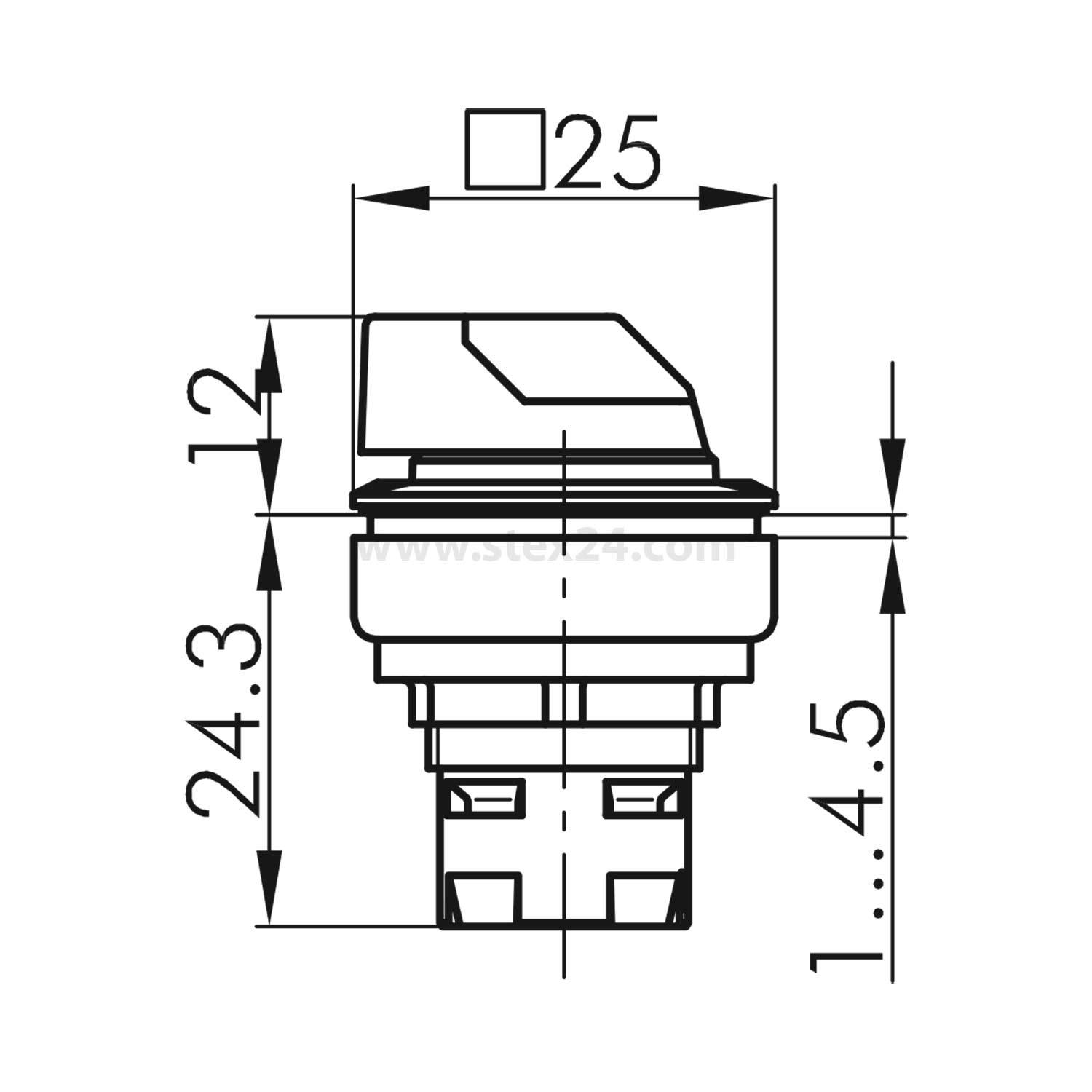 Technische Zeichnung eines Drucktasters mit Maßangaben: Breite 25 mm, Höhe 24,3 mm und Tiefe 12 mm. Anzeigebereich 1-4,5.