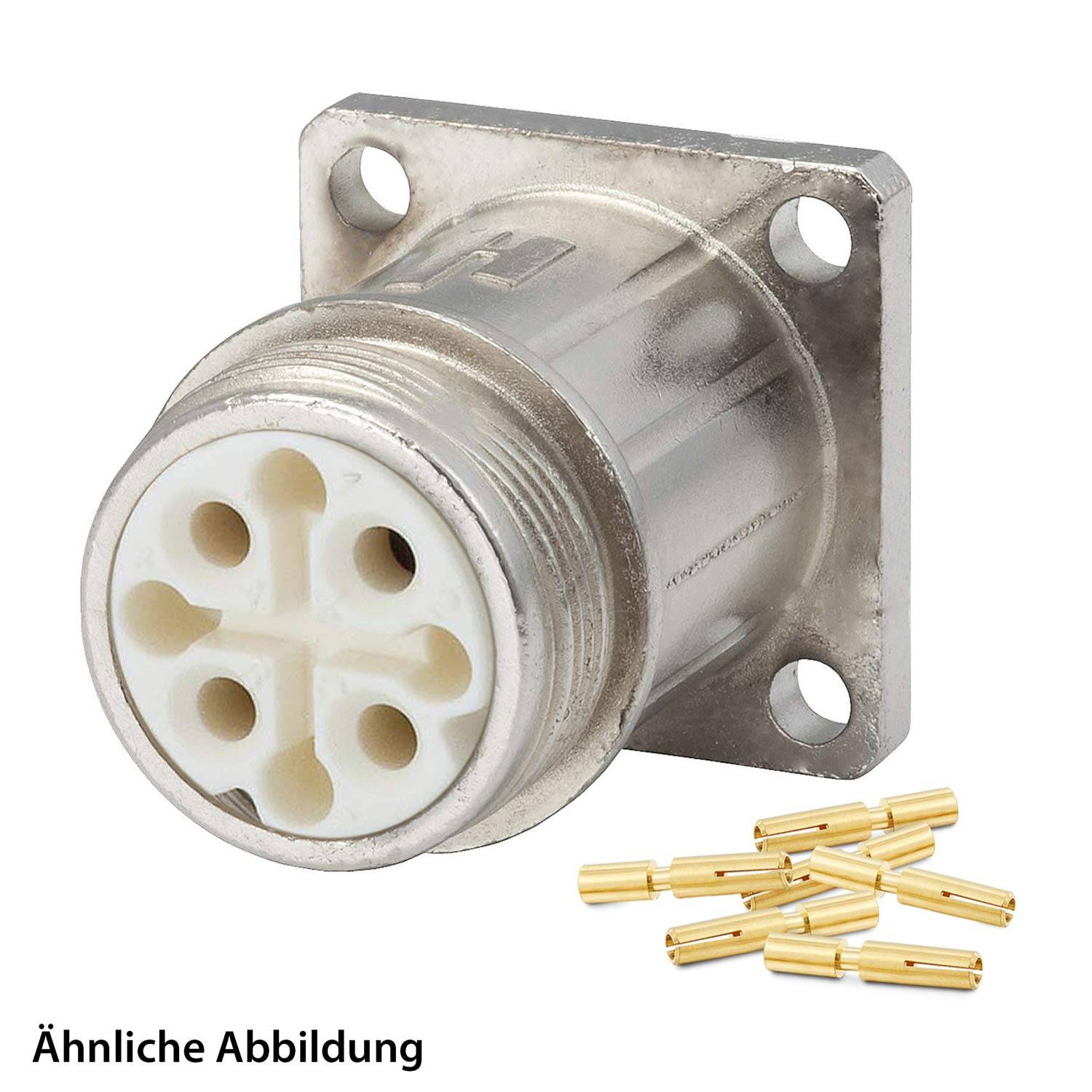 Ein silberner runder Verbinderstecker mit quadratischer Montagebasis und fünf Schlitzen, begleitet von sechs kleinen vergoldeten Pins.