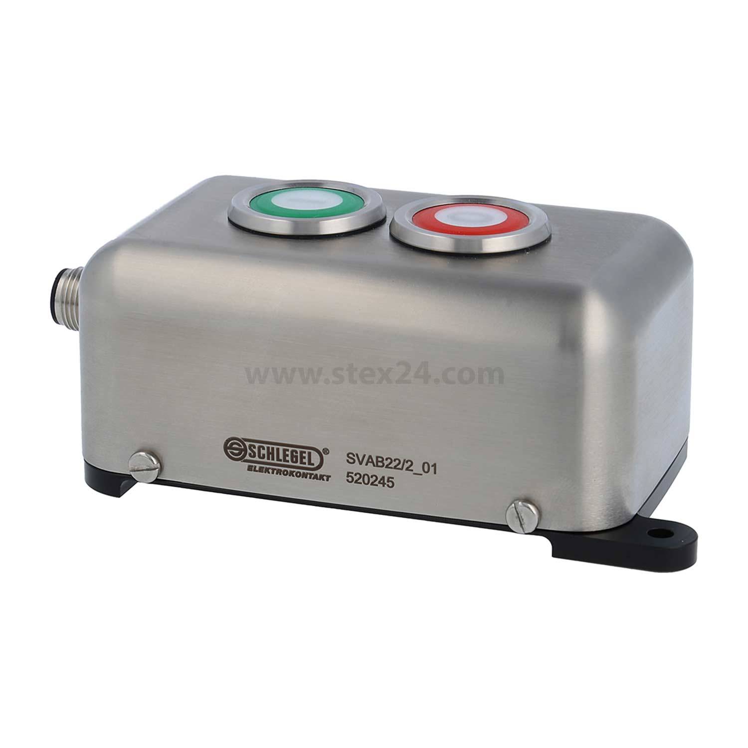 Eine metallische Steuerbox mit zwei großen Tasten: eine grüne und eine rote. Die Box trägt das 'Schlegel' Logo und die Modellnummer.