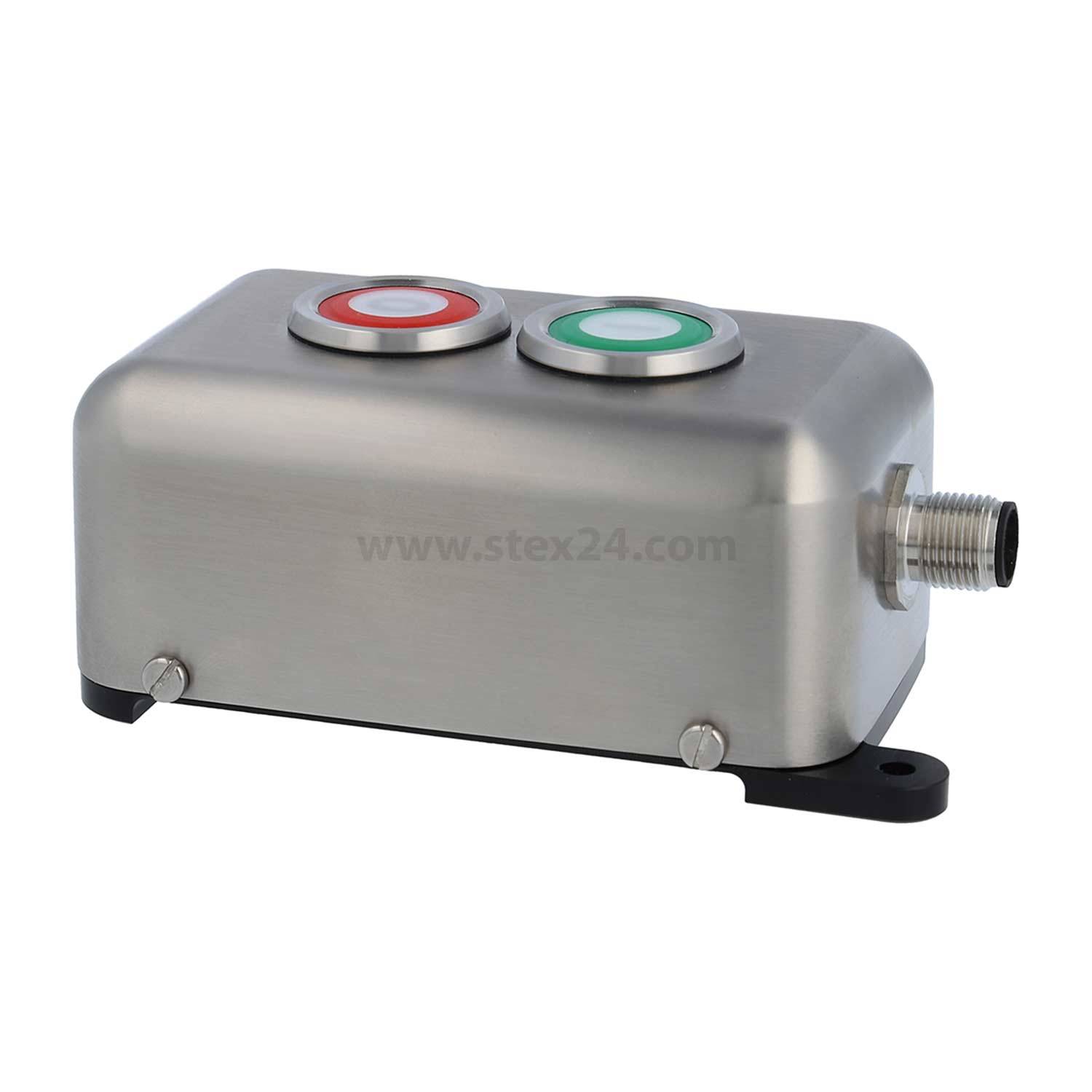 Edelstahlgehäuse mit zwei Tasten: rot für Stopp und grün für Start, verwendet in industriellen Steuerungssystemen.