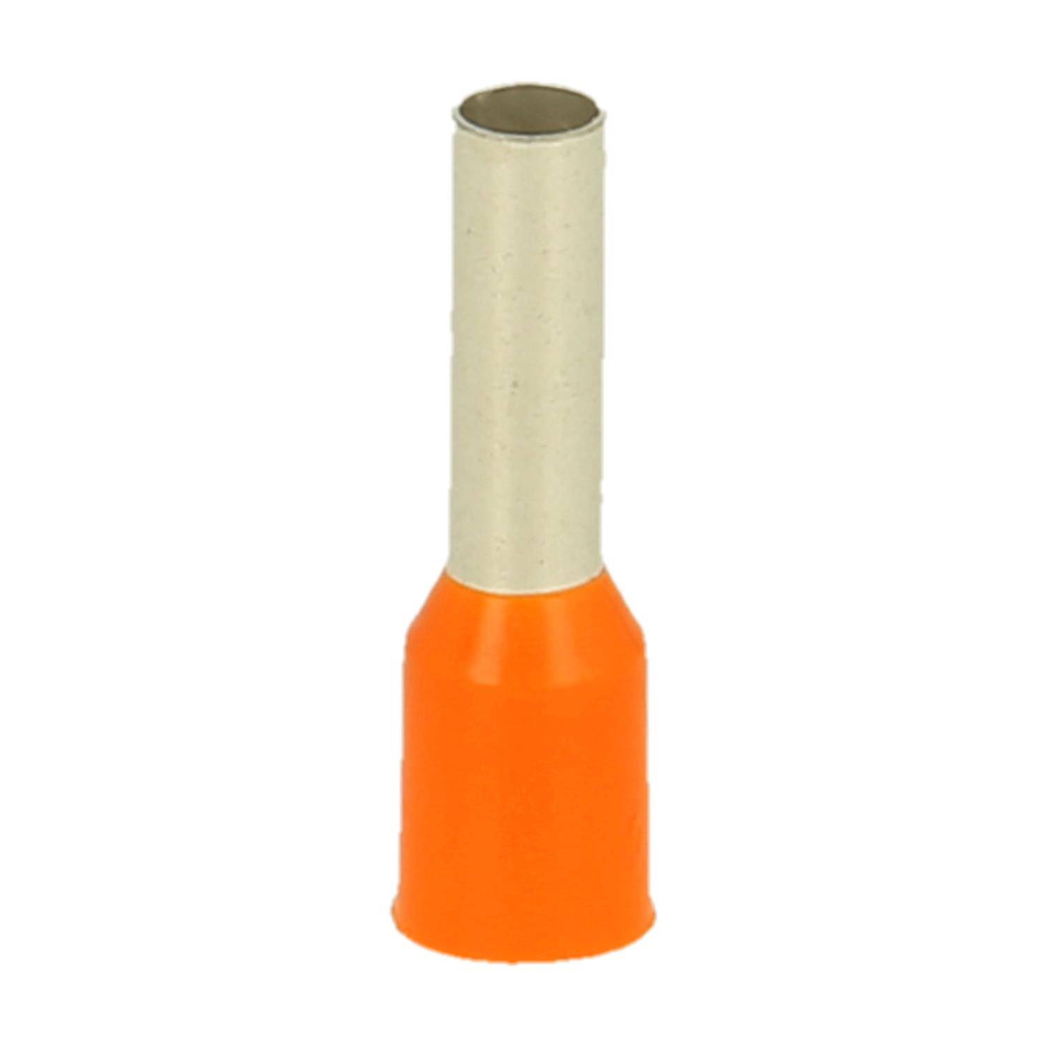 Eine isolierte Ferrule mit einem Metallrohr und einem orangefarbenen Kunststoffkragen, die zur Kabelendverschluss und Verbesserung der Verbindungszuverlässigkeit verwendet wird.