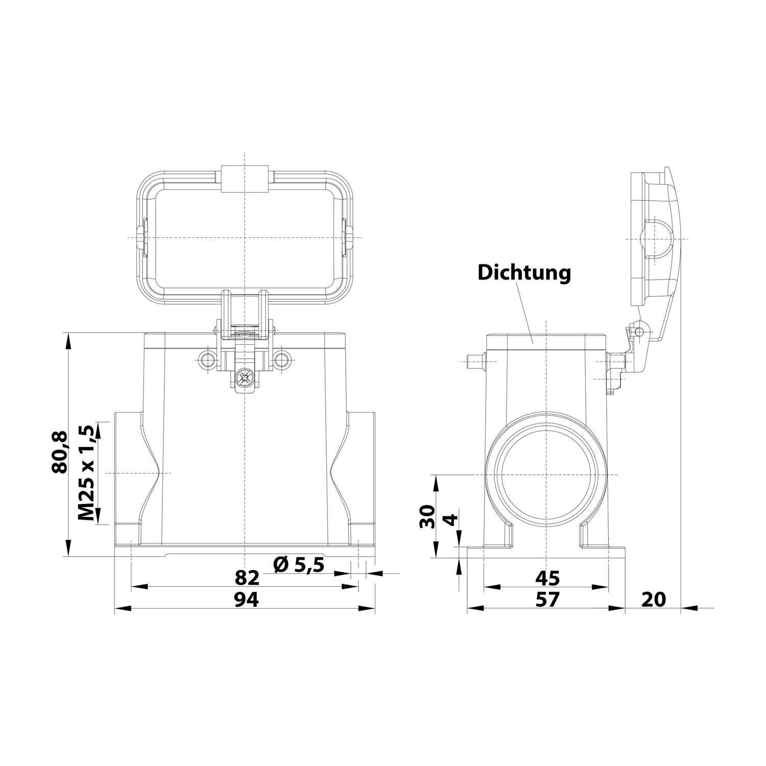 Mechanische Komponentenzeichnung mit Abmessungen: 94 mm breit, 80,8 mm hoch, mit einem Loch von 5,5 mm Durchmesser; gekennzeichnet mit "Dichtung"".