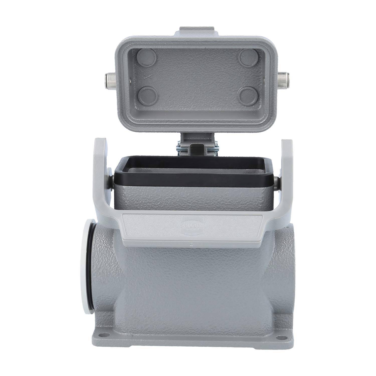 Ein grau-metallisches elektrisches Anschlussgehäuse mit offener Kappe, das den Innenraum und die Befestigungsmerkmale zeigt.