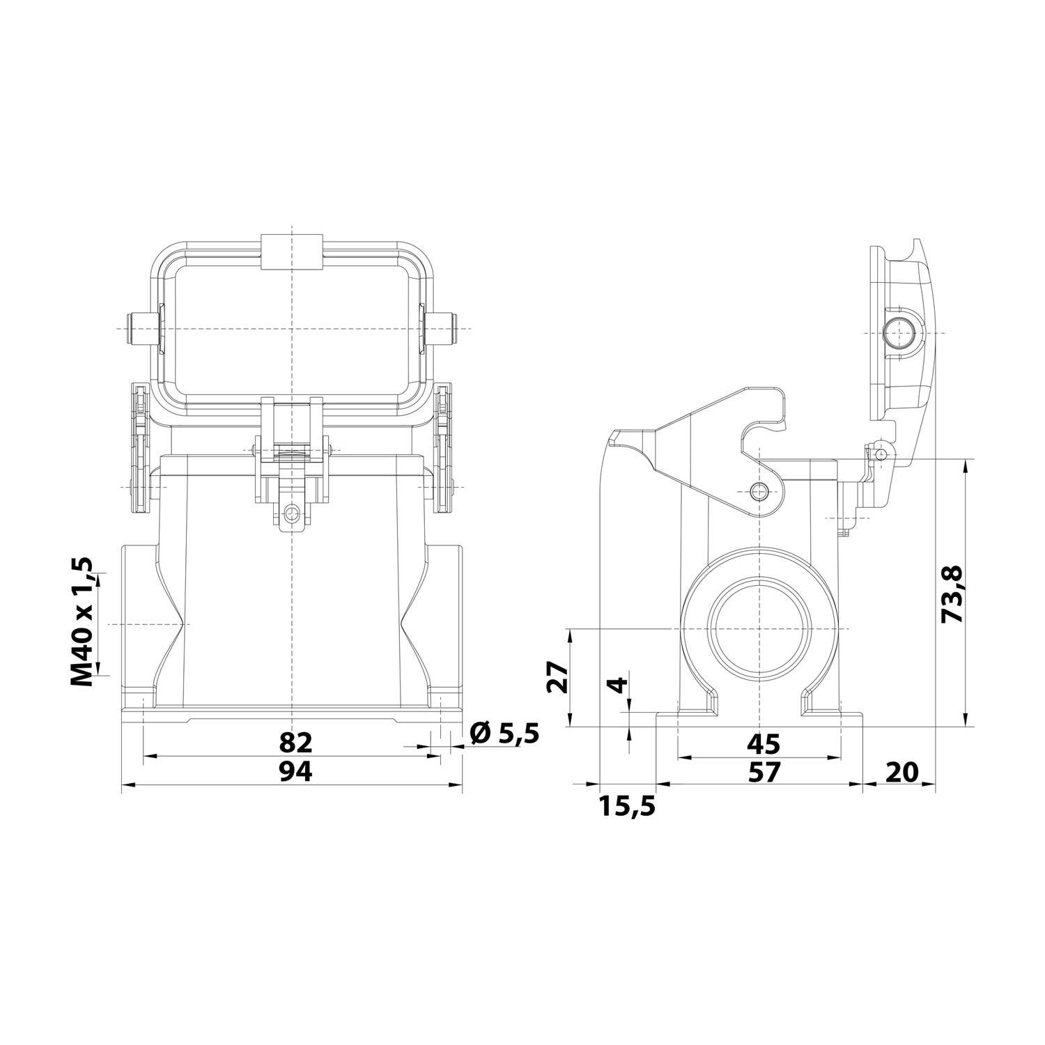 Technische Zeichnung eines Anschlussgehäuses mit beschrifteten Abmessungen. Vorder- und Seitenansicht zeigen Maße in Millimetern.