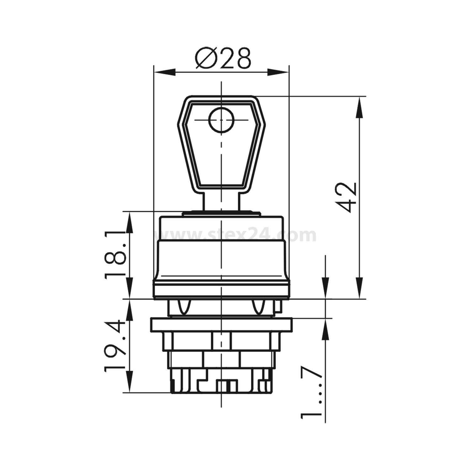 Technische Zeichnung eines Schlüsselschalters mit Darstellung der Abmessungen mit einer kreisförmigen Oberseite (Ø28), Gesamthöhe von 42 mm und verschiedenen detaillierten Maßangaben.