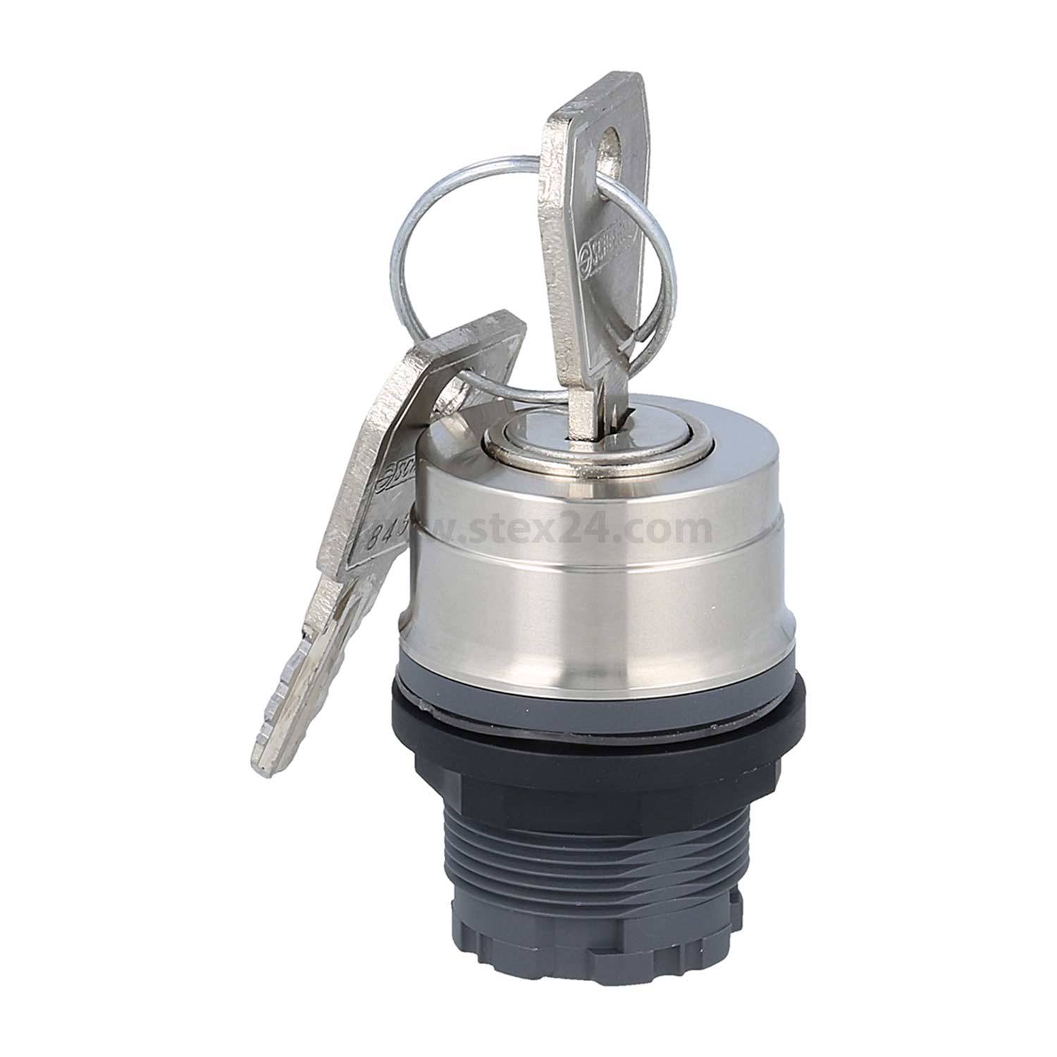 Ein Metallschlüsselschalter mit zwei eingelegten Schlüsseln, der für sichere Steuerungsmechanismen in industriellen oder elektrischen Anwendungen verwendet wird.