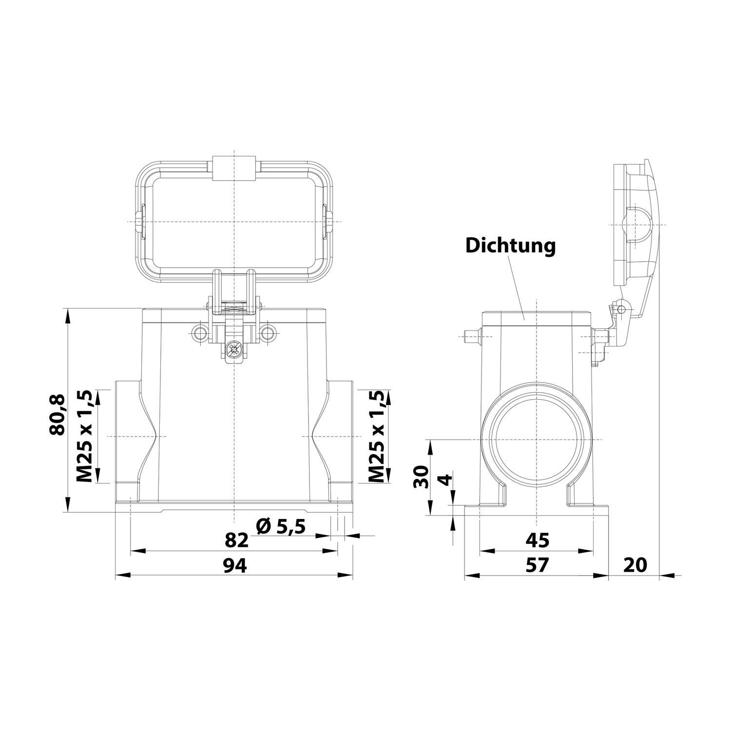 HARTING Han 10B Sockelgehäuse hoch, 2xM25 seitlicher Kabelabgang, für 2 Bügel (am Oberteil) mit Schutzkappe Metall -