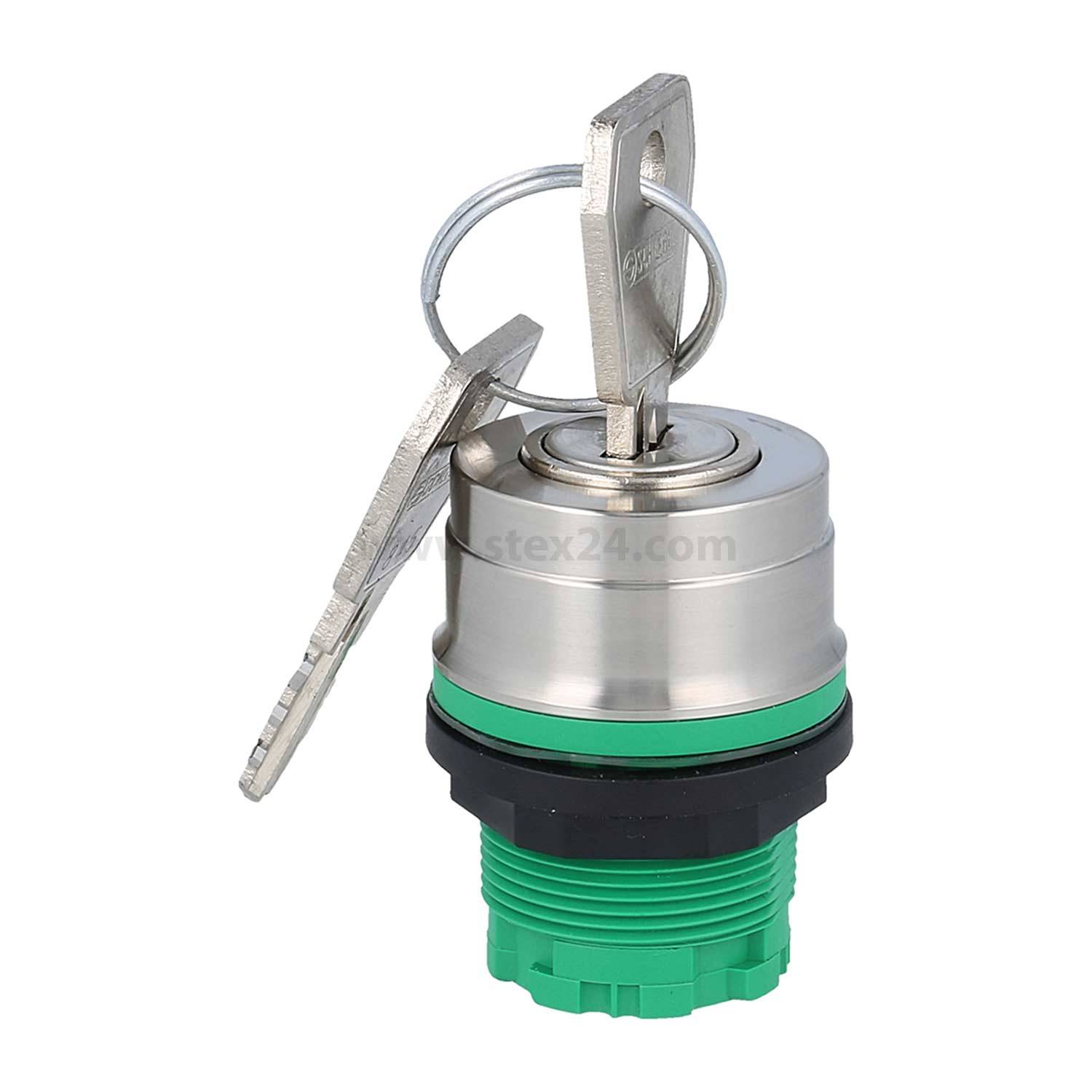 Ein metallischer zylindrischer Schalter mit einer grünen Basis, versehen mit einem Schlüssel und einem silbernen Schlüsselanhängerring, der wahrscheinlich für Sicherheits- oder Bedienfeldfunktionen vorgesehen ist.