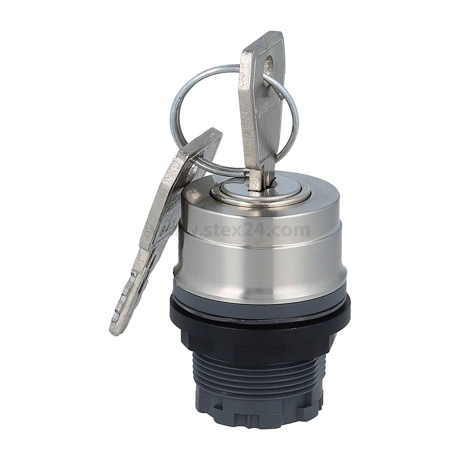 Metallischer Schlüsselschalter mit zwei eingesetzten Schlüsseln, ausgestattet mit einem runden Edelstahlgehäuse und schwarzer Basis, konzipiert für Sicherheits- oder Kontrollsysteme.