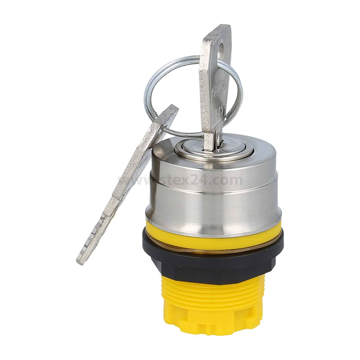 Gelber industrieller Schlüsselschalter mit zwei Metallschlüsseln, konzipiert zur Steuerung von Maschinen oder elektrischen Systemen.