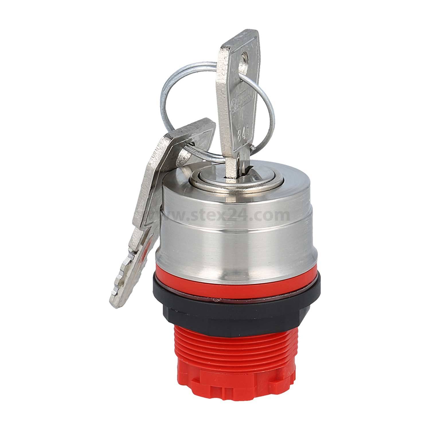 Ein roter und silberner Metallverschluss mit zwei Schlüsseln, wobei ein Schlüssel an einem Schlüsselring befestigt ist.