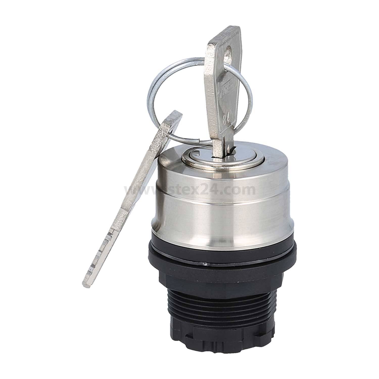 Ein Metallschlüsselschalter mit zwei Schlüsseln, der eine silberne Oberseite und eine schwarze Basis aufweist. Die Schlüssel sind vertikal positioniert.