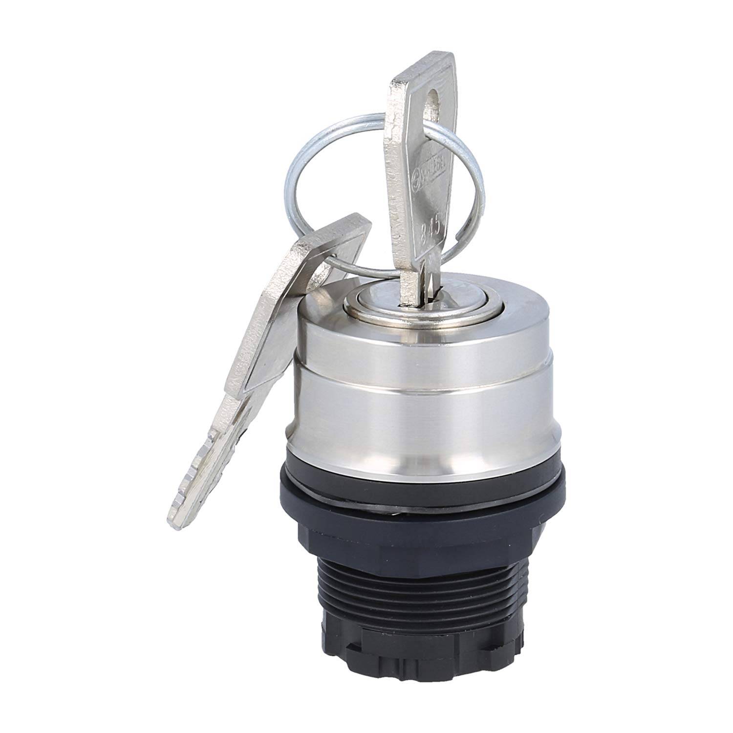 Eine Nahaufnahme eines metallischen Zylinderschlosses mit zwei eingelegten Schlüsseln an einem Schlüsselring. Der Schalter ist vertikal auf einer schwarzen Basis positioniert.