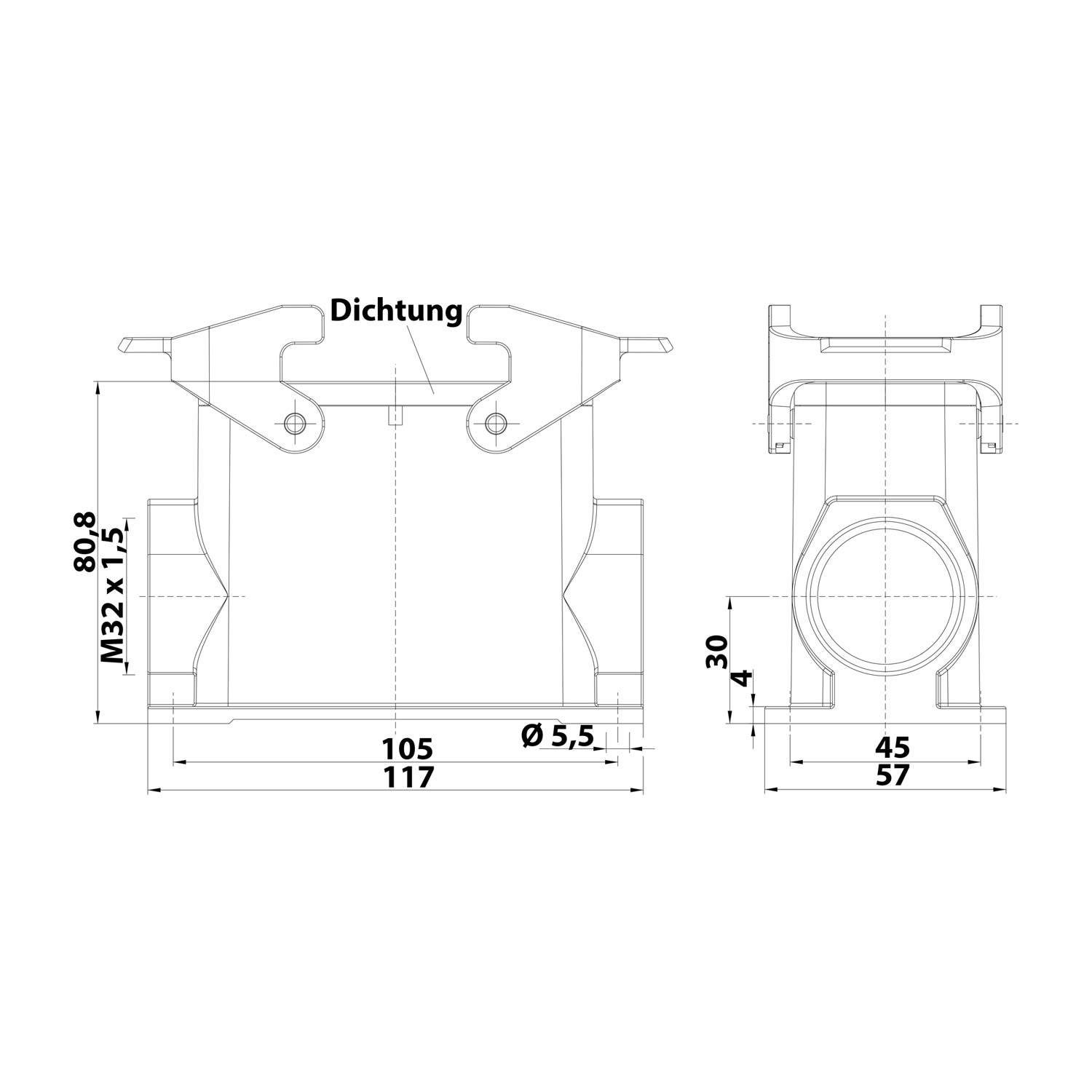 04300160263 HARTING Han 16B Sockelgehäuse hoch, 1xM32 seitlicher Kabelabgang, mit 2 Querbügeln Verschraubung M32