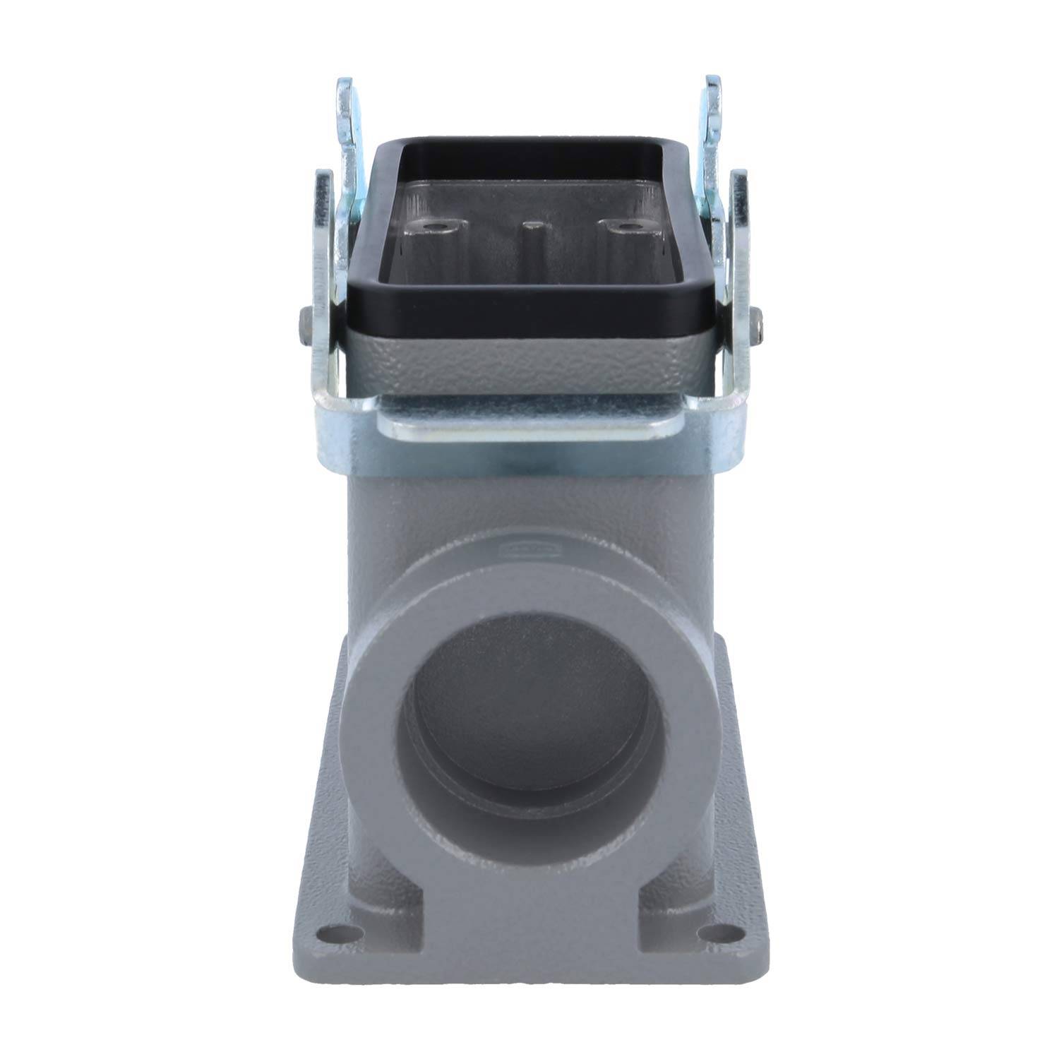 Das Bild zeigt ein graues rechteckiges Metallgehäuse mit einer kreisförmigen Öffnung am Boden und zwei Metallverschlüssen oben.