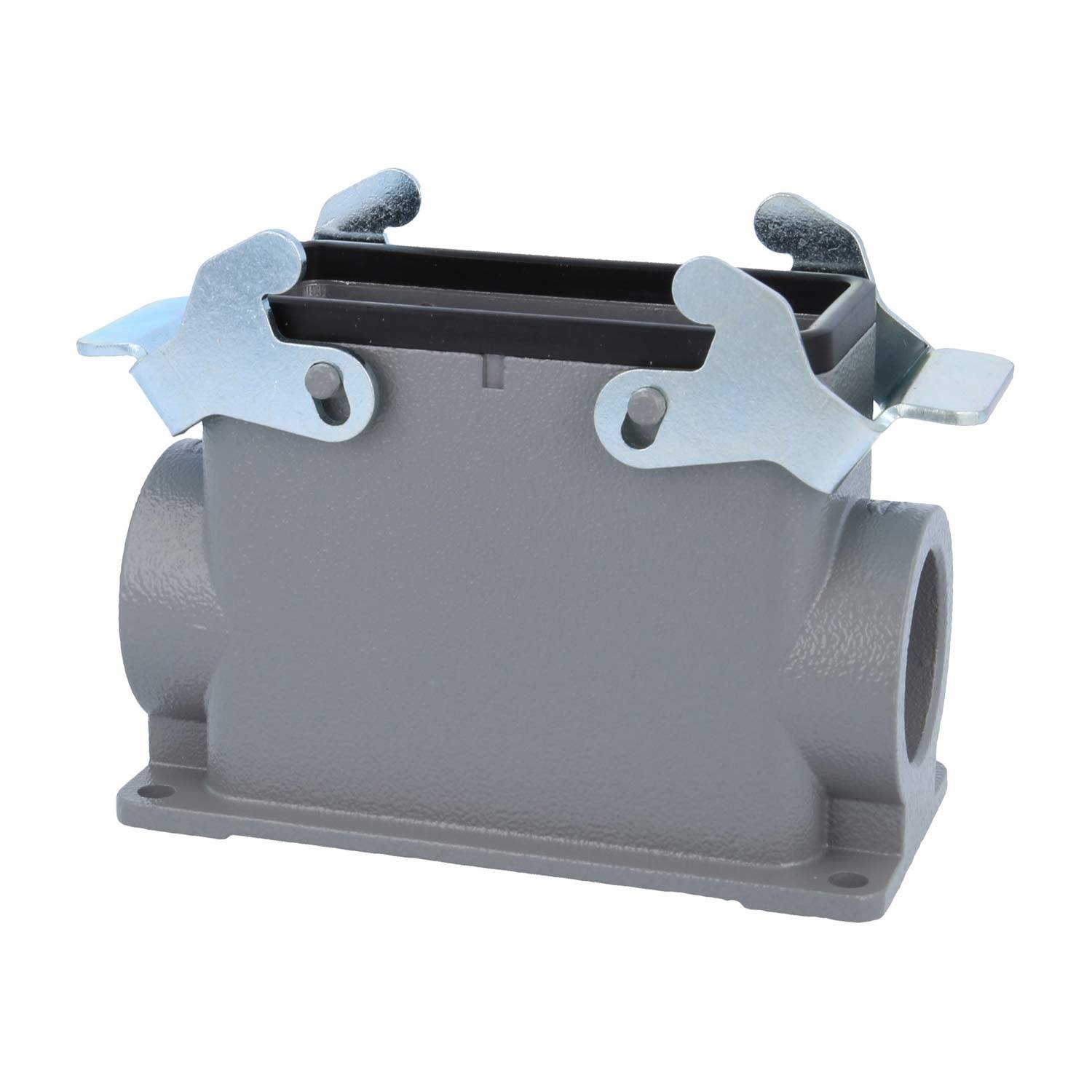 Ein rechteckiges graues Metallgehäuse mit zwei Verschlusshaken oben, ausgelegt für industrielle oder mechanische Verbindungen.