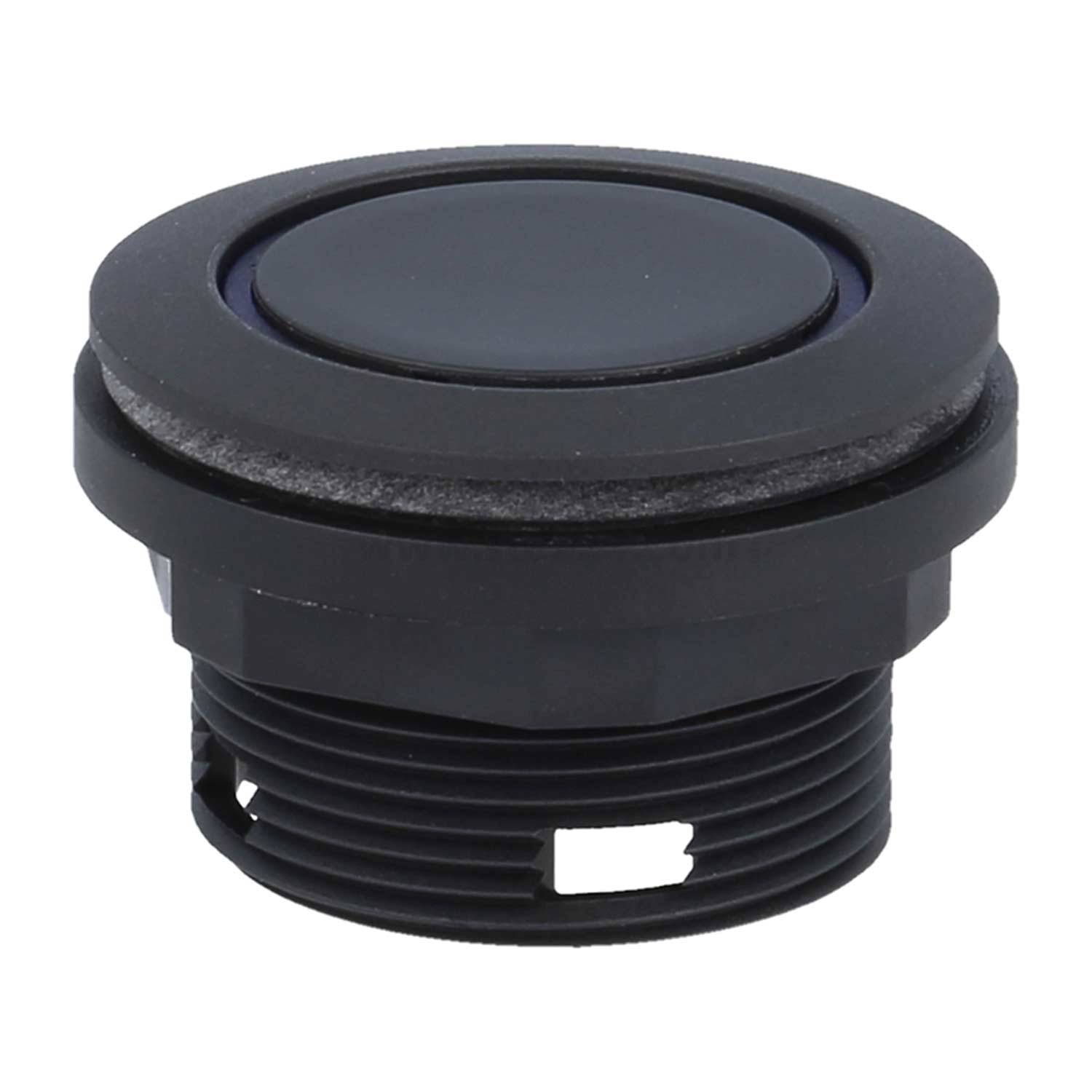 Ein schwarzer Drucktaster mit Gewindesockel, der für die Panelmontage in elektronischen oder elektrischen Anwendungen verwendet wird.