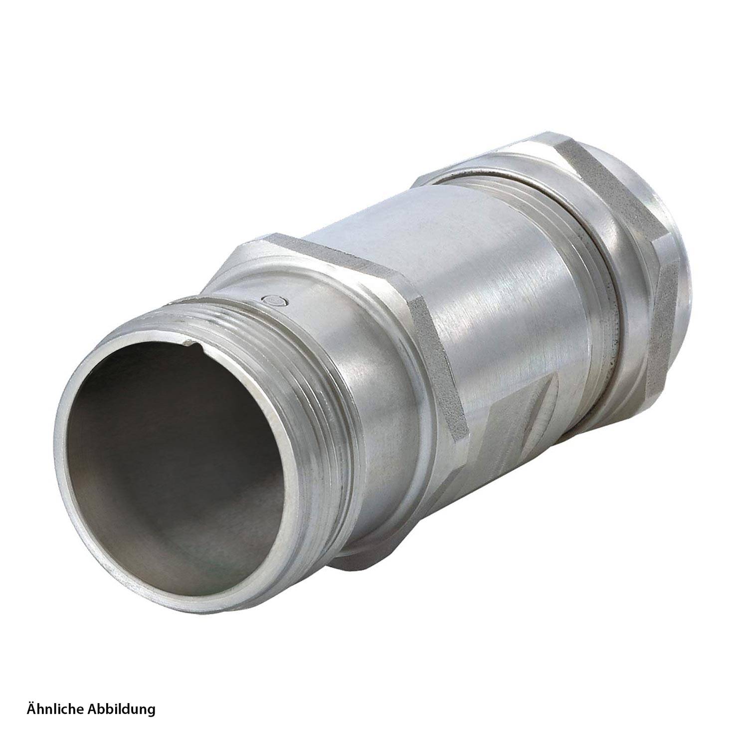 Ein Metallrohranschluss für industrielle Verwendung mit Gewindeschraube und zylindrischer Bauweise, wahrscheinlich für elektrische oder sanitäre Anwendungen verwendet.