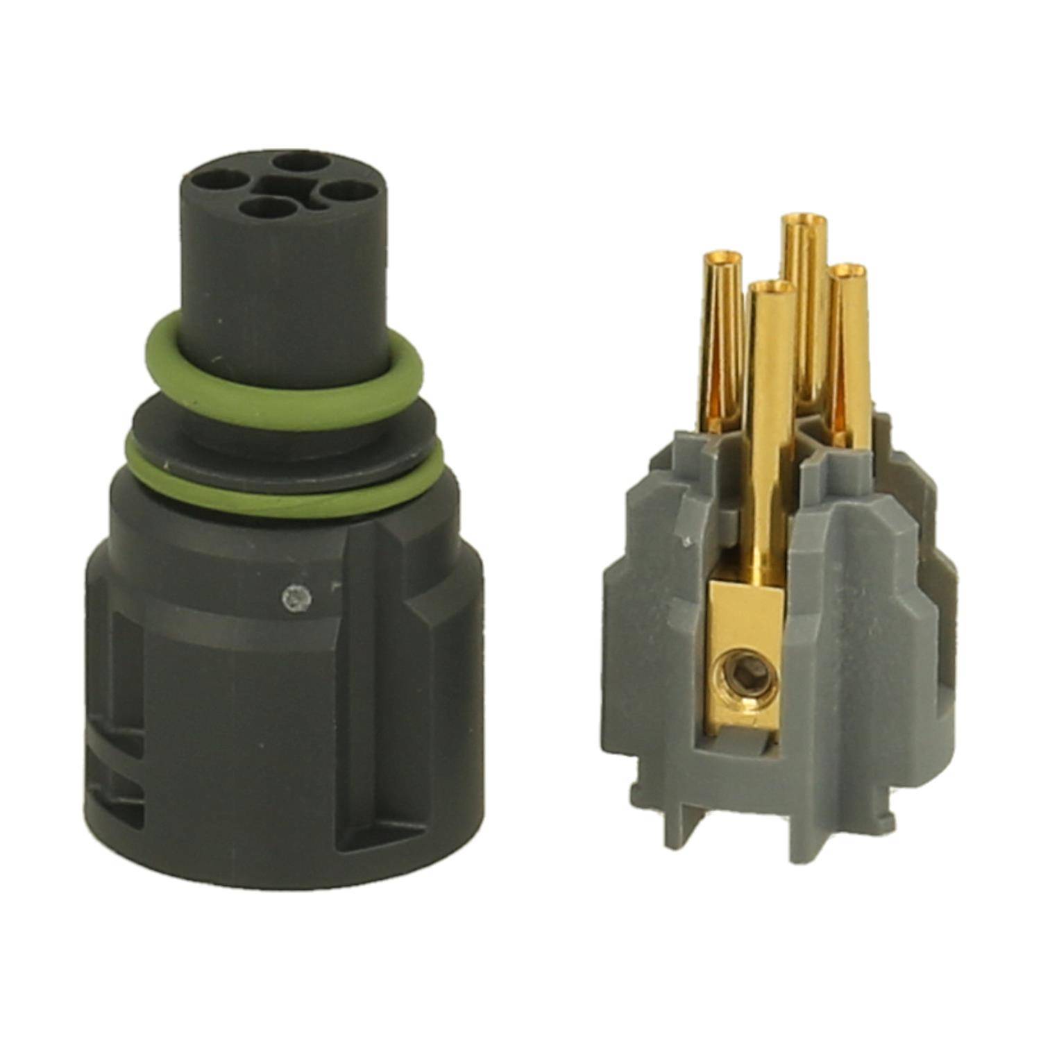 Ein schwarzer und grüner kreisförmiger elektrischer Steckverbinder neben einem grauen und goldenen Steckereinsatz, entwickelt für Automotive- und Industrieanwendungen.