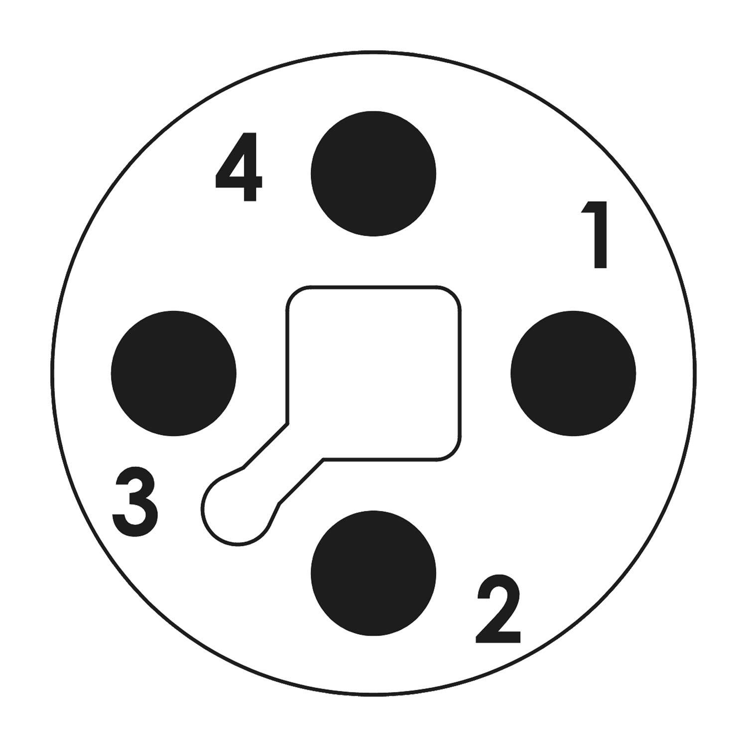 Kreisdiagramm mit vier schwarzen Kreisen, beschriftet von 1 bis 4, die ein zentrales Quadrat umgeben, mit einer hebel-ähnlichen Verlängerung, die auf Kreis 3 zeigt.