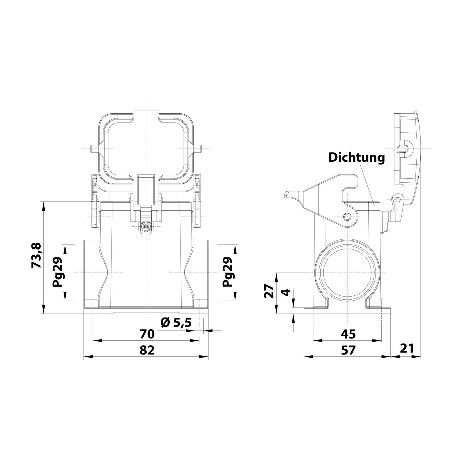 Technische Zeichnung einer Rohrverschraubung, mit Messungen wie Durchmesser 82 mm und Höhe 73,8 mm, mit der Bezeichnung 'Dichtung' zur Kennzeichnung einer Dichtung.