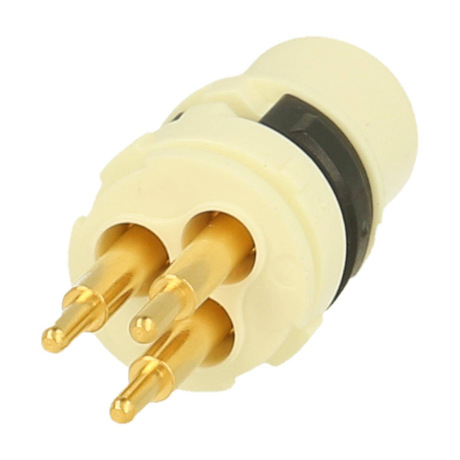 Ein dreipinniger, kreisförmiger elektrischer Steckverbinder mit vergoldeten Kontakten, entwickelt für sichere Verbindungen in elektronischen Geräten.