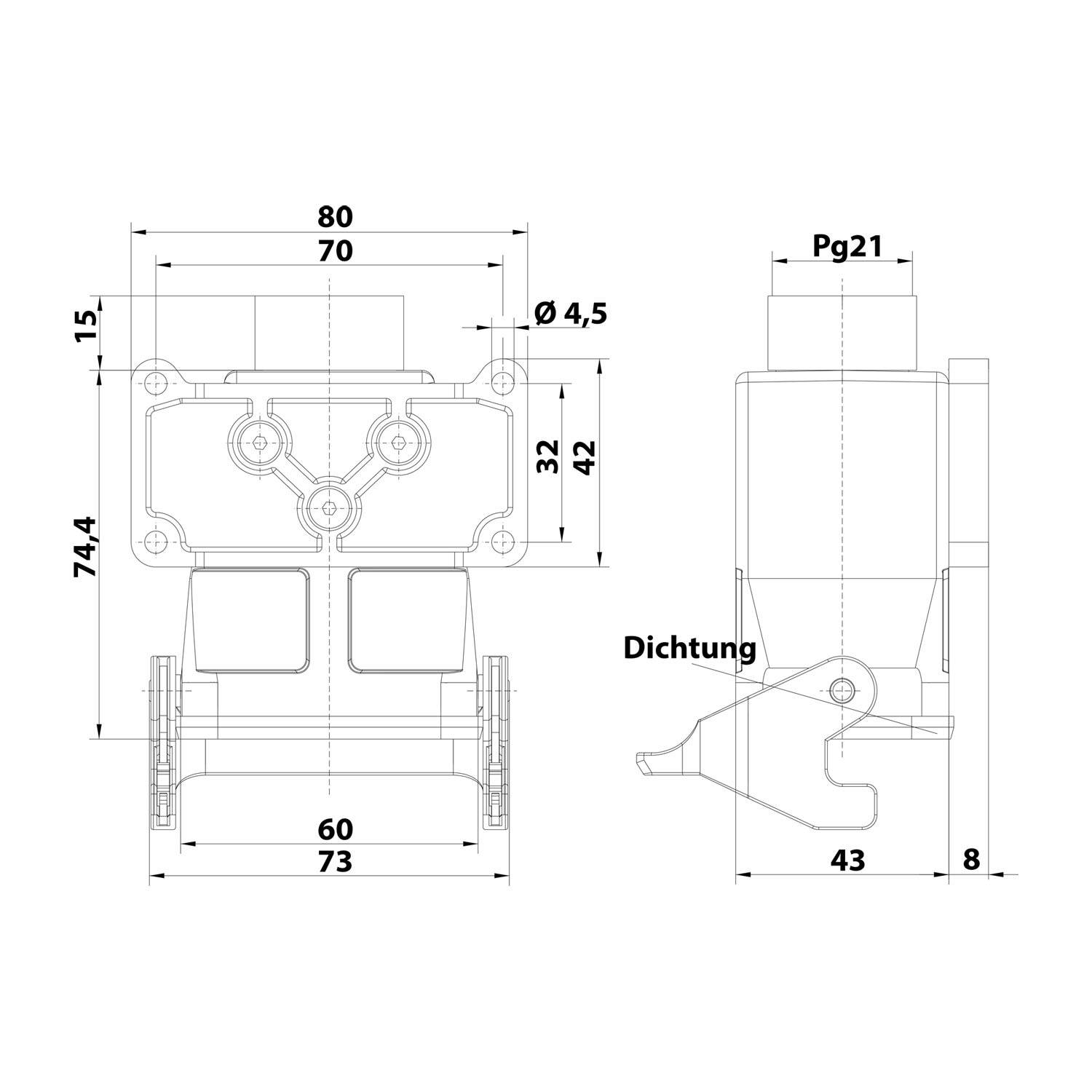 04300060757 HARTING Han 6B Kupplungsgehäuse hoch, 1xPG21 gerader Kabelabgang, mit 1 Längsbügel Verschraubung PG21