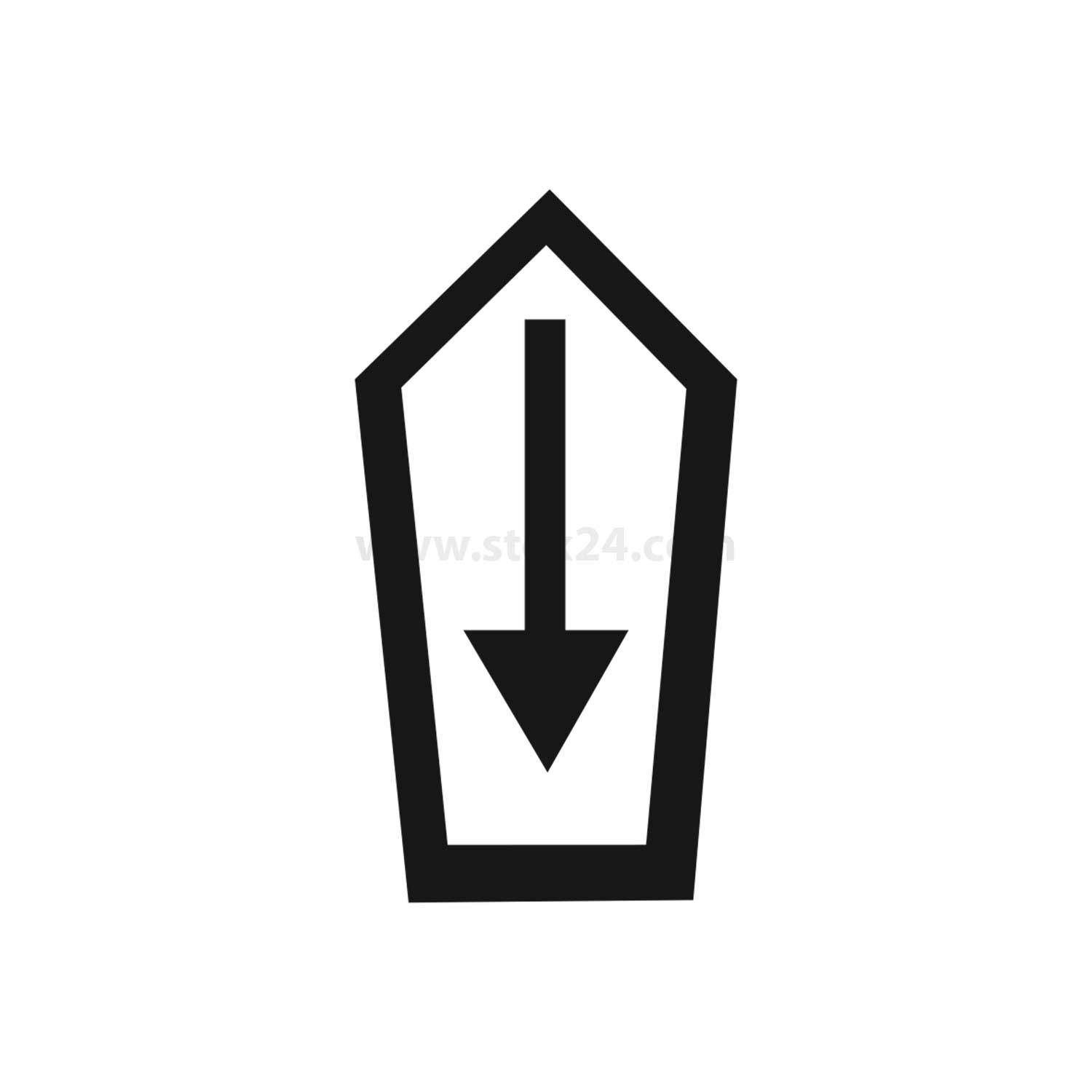 Ein schwarzer Pfeil, der nach unten zeigt und sich innerhalb eines fünfeckigen Rahmens befindet, der eine Richtung oder Bewegung nach unten anzeigt.