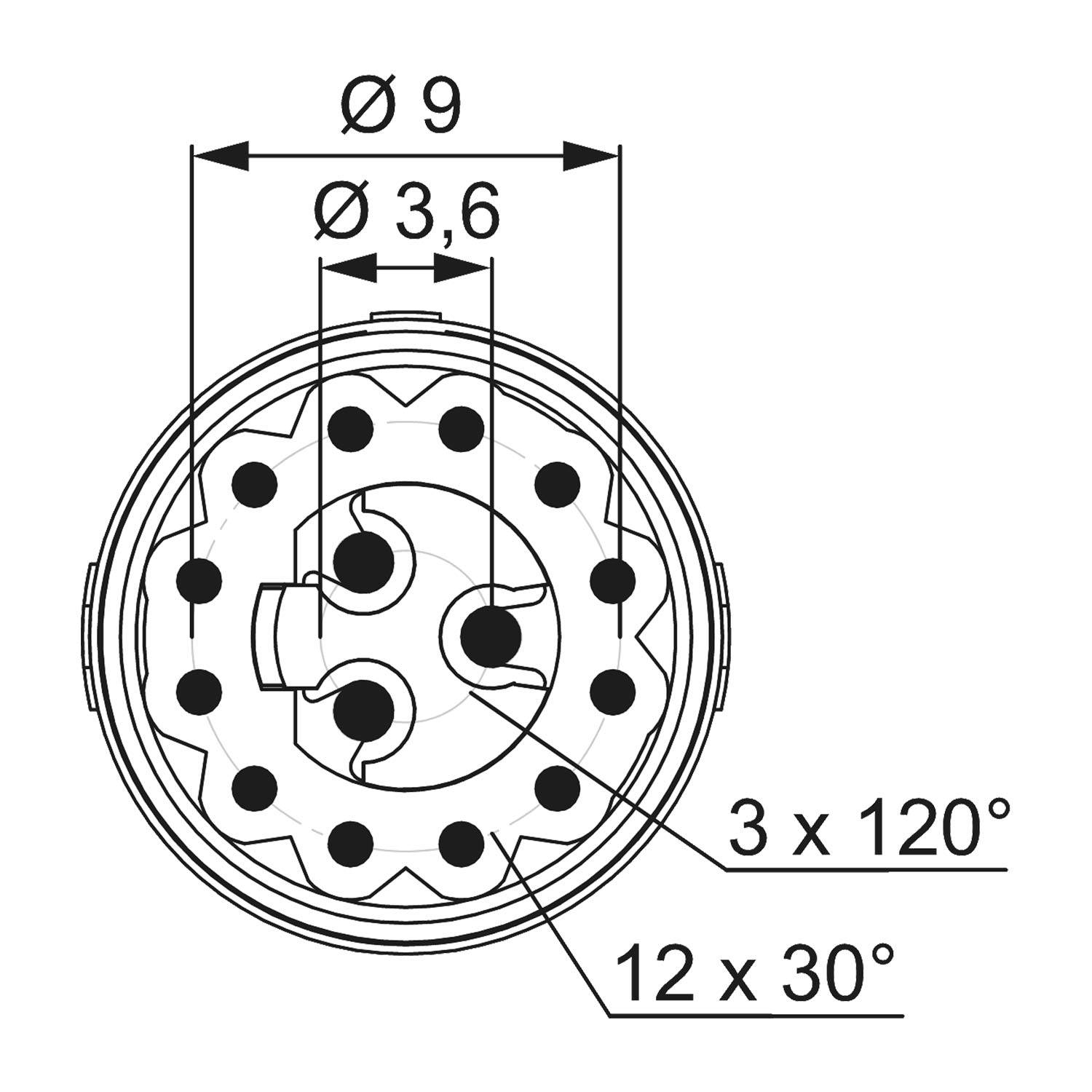 Technische Zeichnung eines kreisförmigen Steckverbinders. Sie zeigt 12 gleichmäßig verteilte Stifte, 9 mm Durchmesser, 3,6 mm individueller Stiftdurchmesser, angeordnet in zwei Reihen.