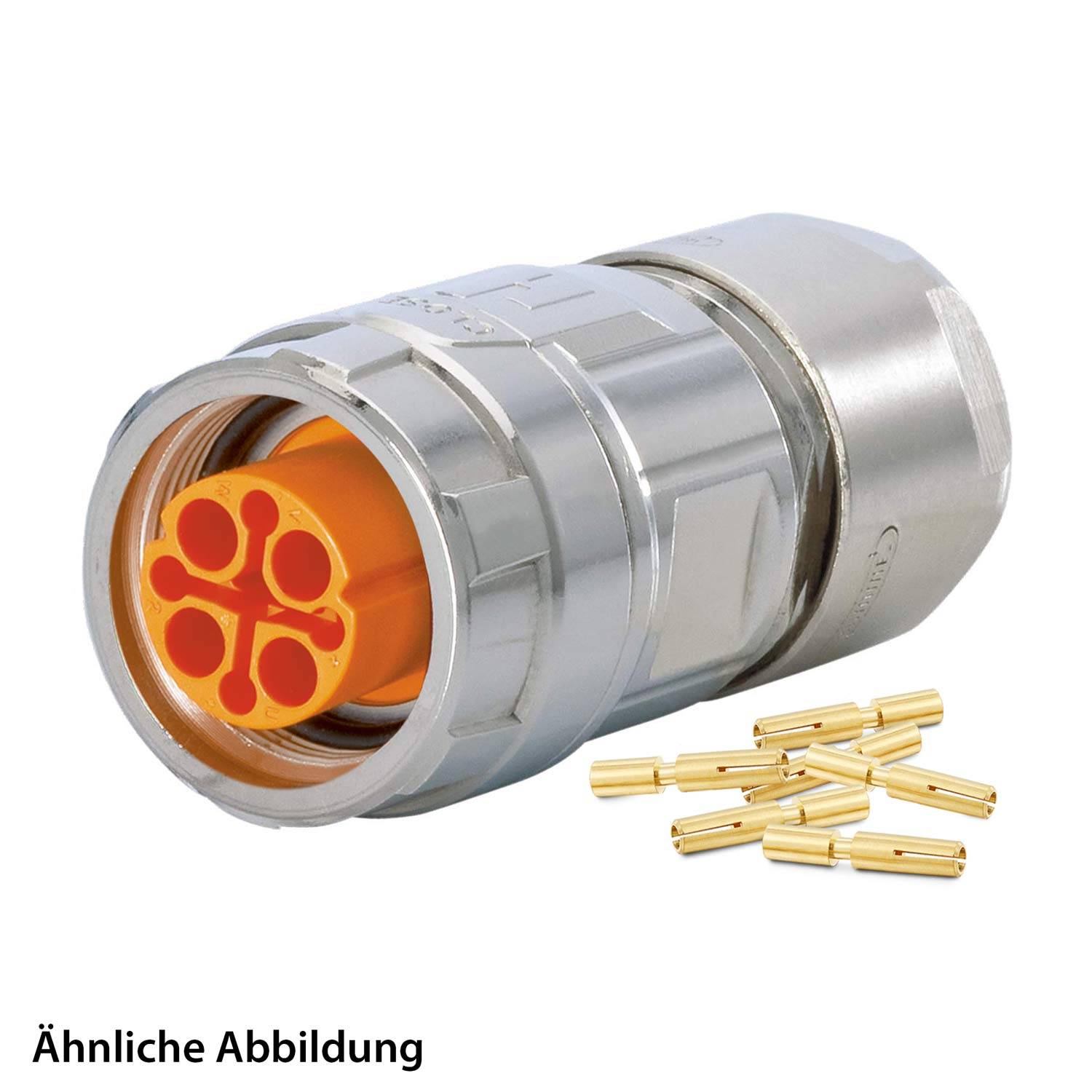 Ein Metallverbinder mit einem sichtbaren orangefarbenen Kern und begleitenden kleinen Goldstiften, mit der Beschriftung 