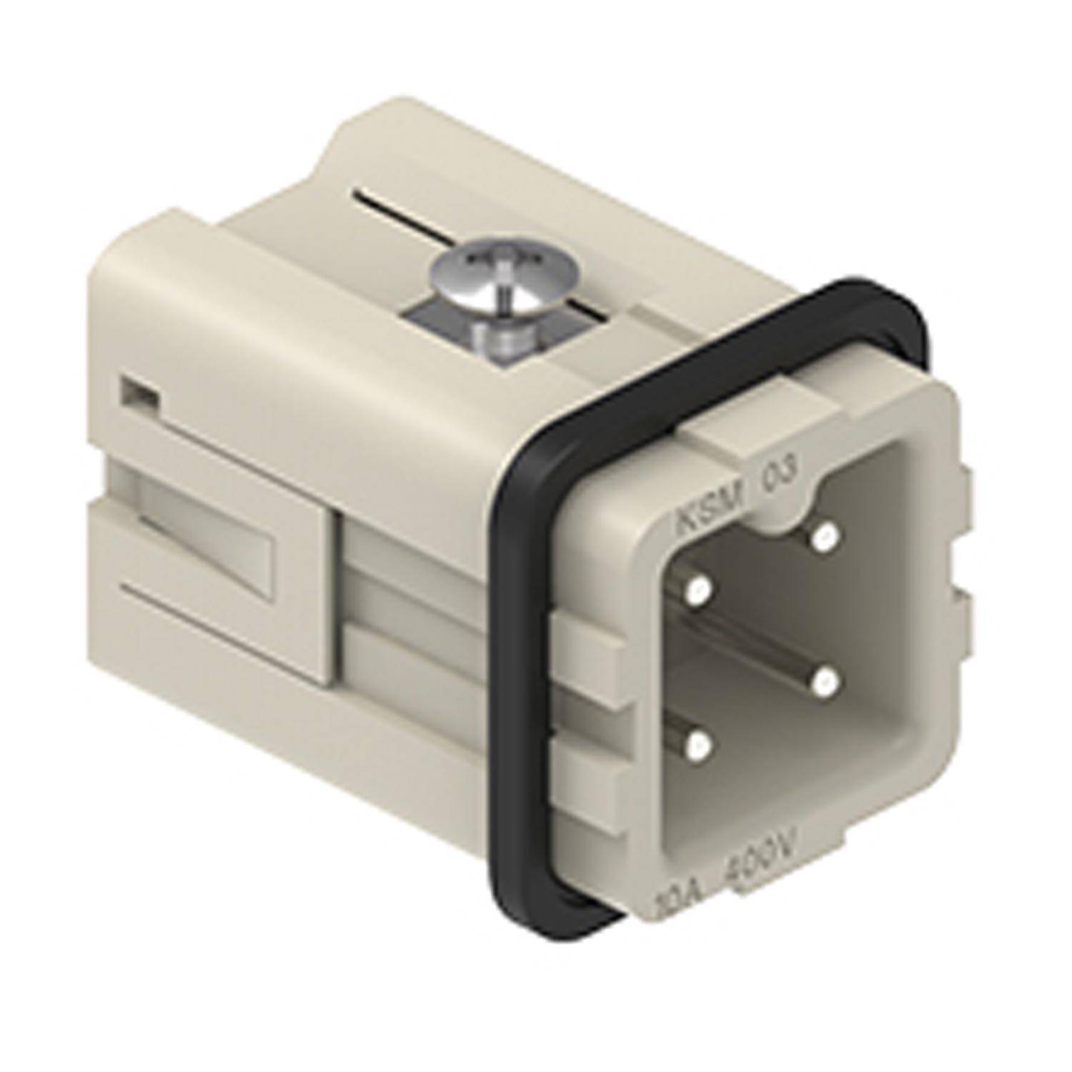 Ein rechteckiger beige elektrischer Stecker mit vier Metallstiften im Inneren und der Markierung 'KSM 03, 16A 400V' an der Seite.