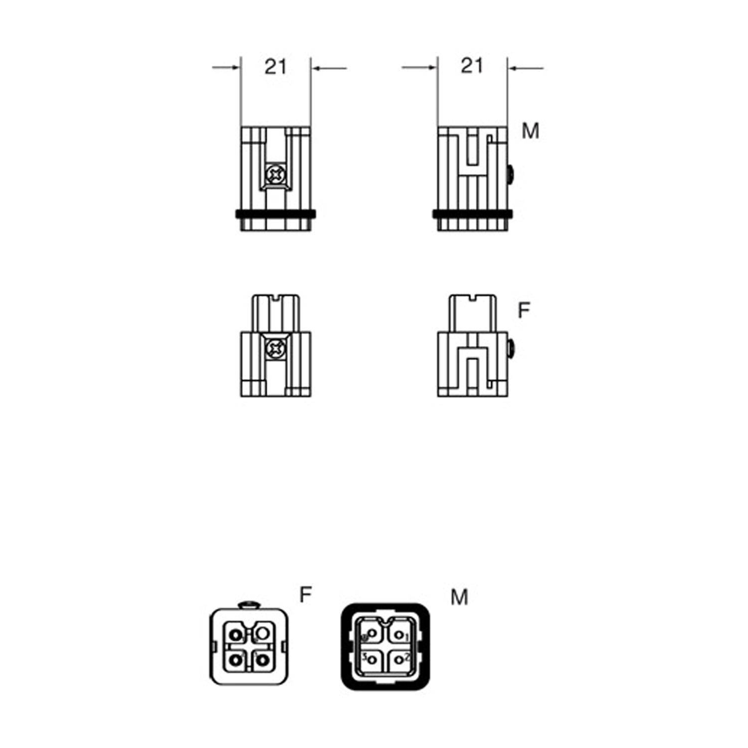 Technische Zeichnung mit mechanischen Anschlüssen, die mit M und F beschriftet sind, mit Messungen von 21 Einheiten. Verschiedene Ansichten werden dargestellt: Draufsicht, Seitenansicht und Frontansicht.