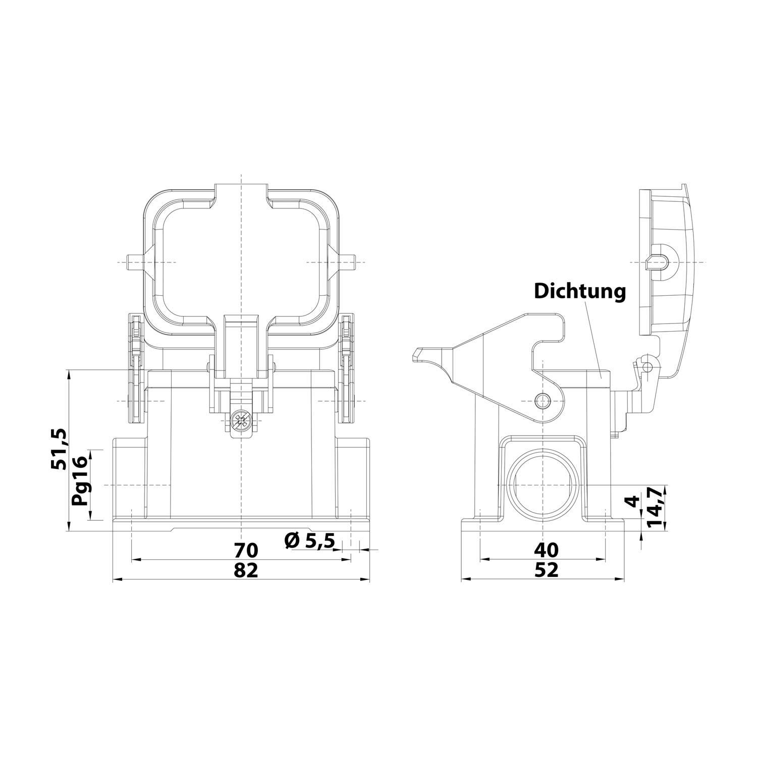 Technische Zeichnung eines Maschinenteils mit Maßangaben und einer beschrifteten Dichtung. Vorder- und Seitenansicht mit Messungen in Millimetern.