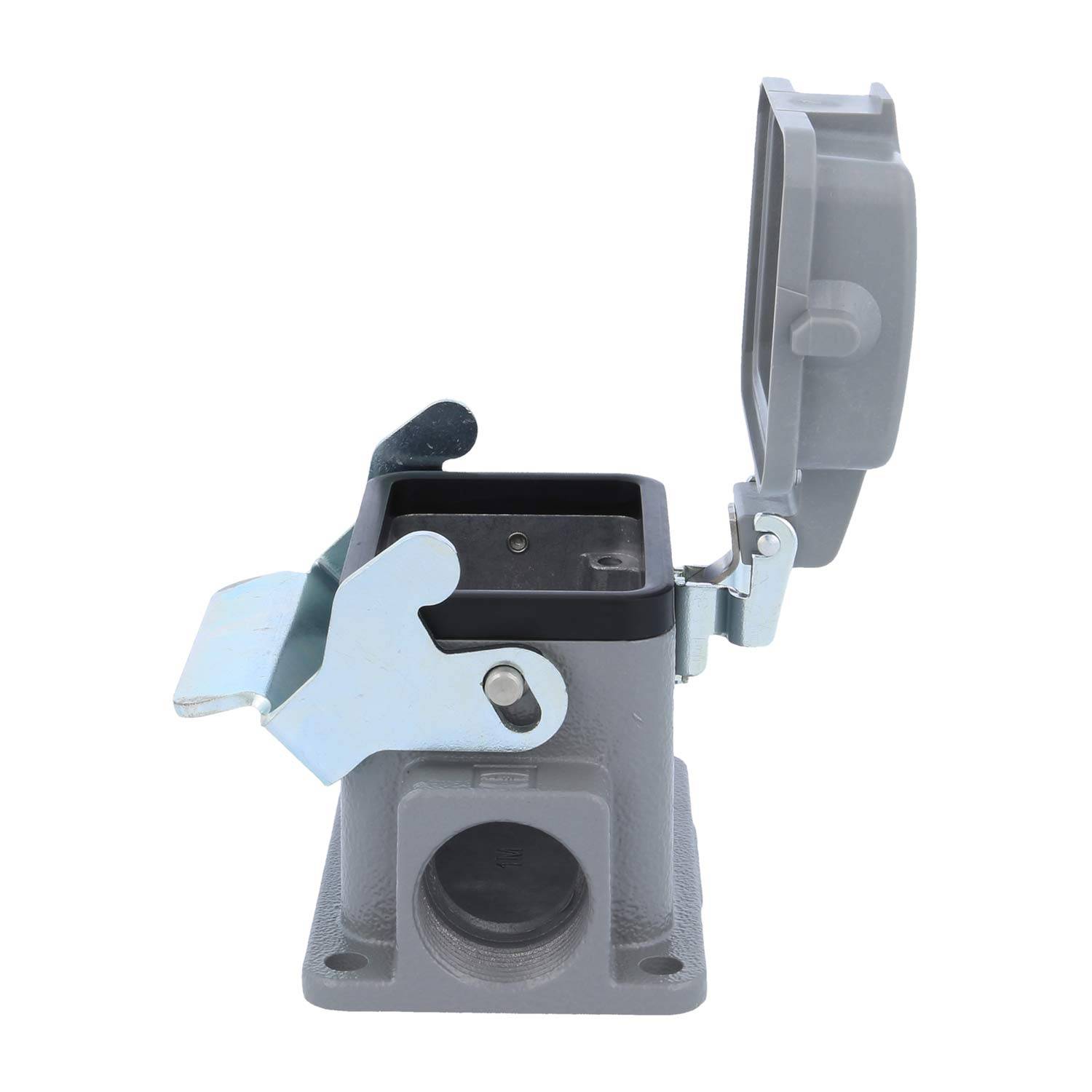 „Graue Metall-Steckdosenabdeckung mit Klappdeckel, in offener Position, zeigt Innenraum und Montagebasis, konzipiert für elektrische Steckdosen.