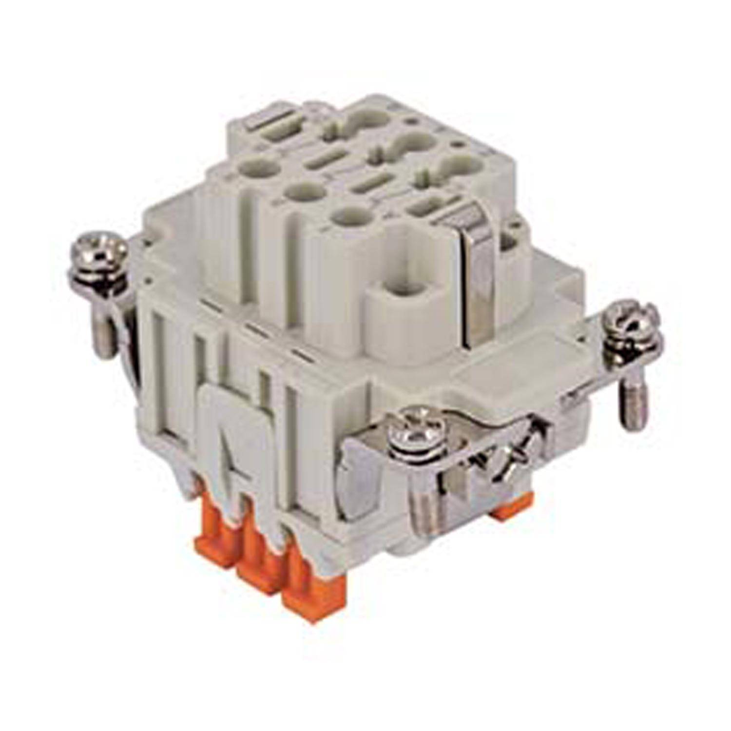 Ein weiß-orangener elektrischer Anschluss mit mehreren Anschlüssen und Befestigungsschrauben.