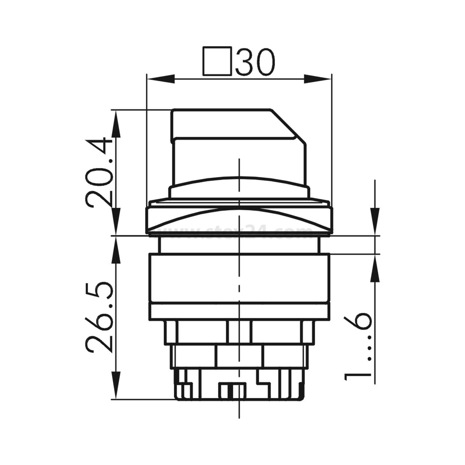 Eine technische Zeichnung eines Drucktastenschalters zeigt Abmessungen: Quadrat 30x30mm, Höhe 26,5mm und Anschlusspin-Länge 16mm.