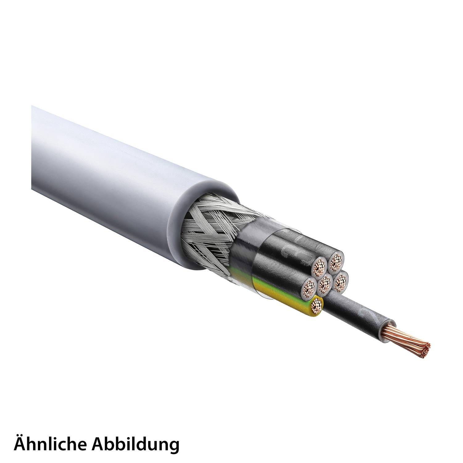 Ein Kabelquerschnitt, der mehrere innere Drähte zeigt, die von Schutzschichten umgeben sind und so den Aufbau und die Beschaffenheit des Kabels veranschaulicht.
