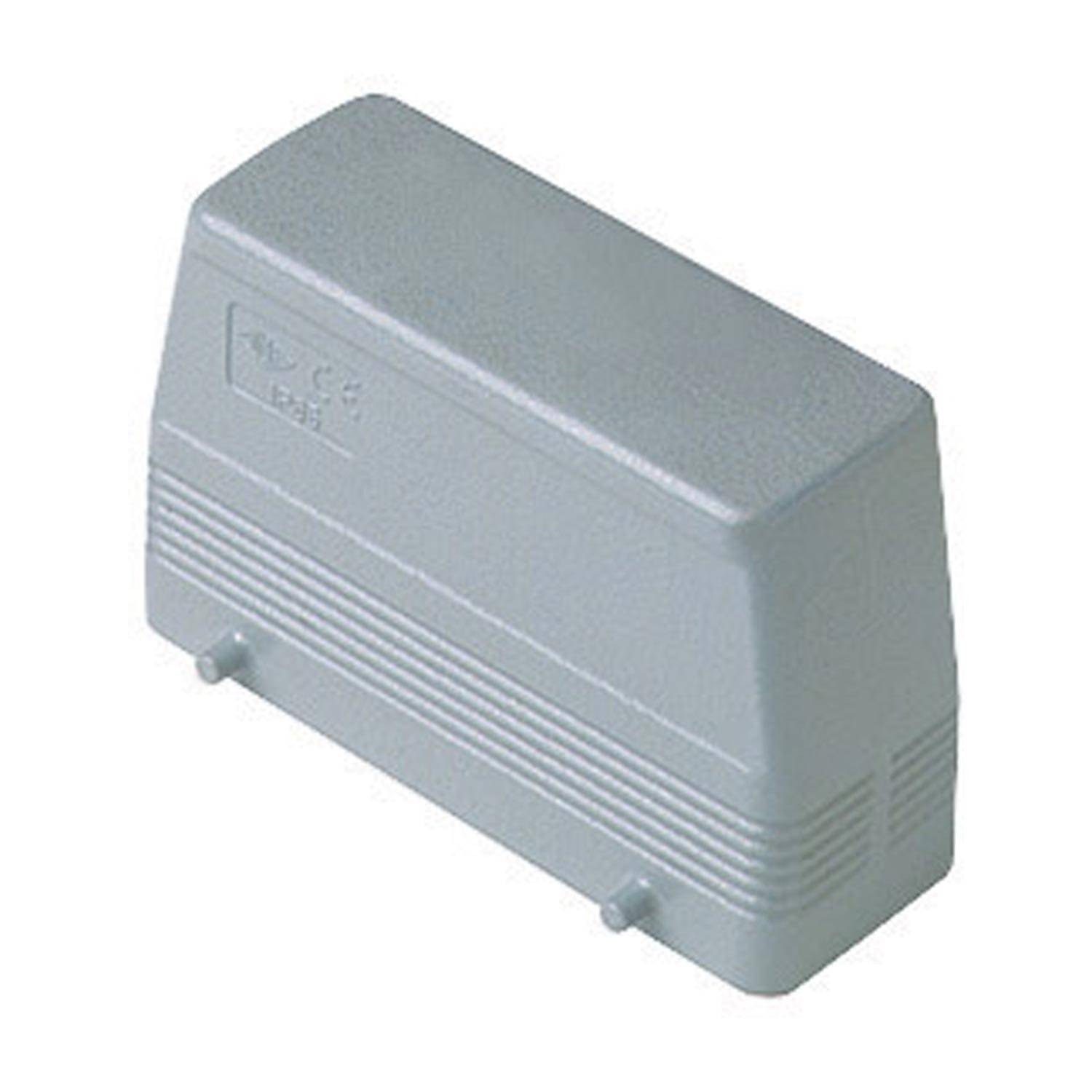 Rechteckiges graues Kunststoffgehäuse mit gerippten Seiten, das zwei vorspringende Stifte am unteren Rand aufweist. Geeignet zur Unterbringung von elektronischen Komponenten.