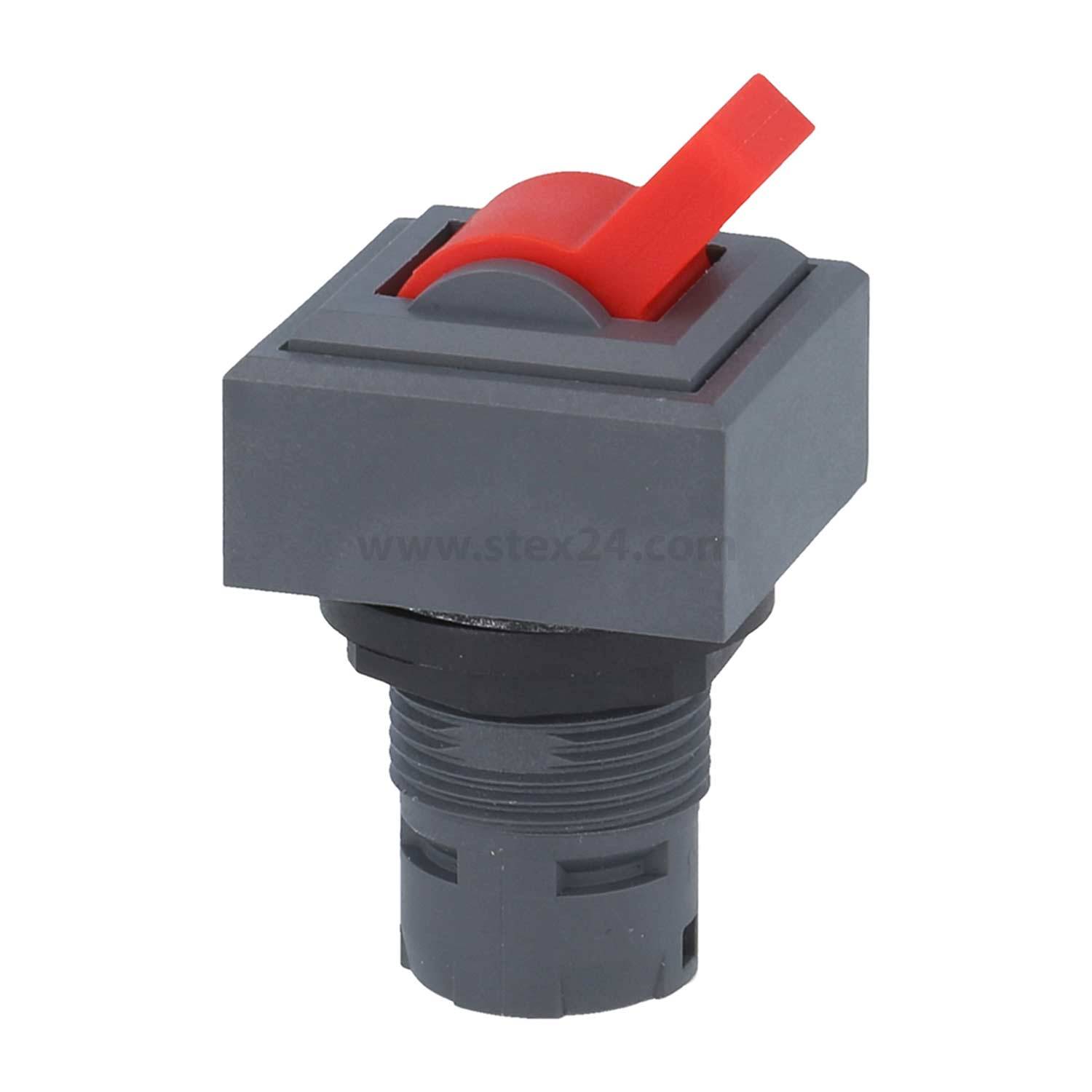 Ein quadratischer, grauer Wahlschalter mit einem roten Hebel in oberer Position, montiert auf einer zylindrischen schwarzen Basis.