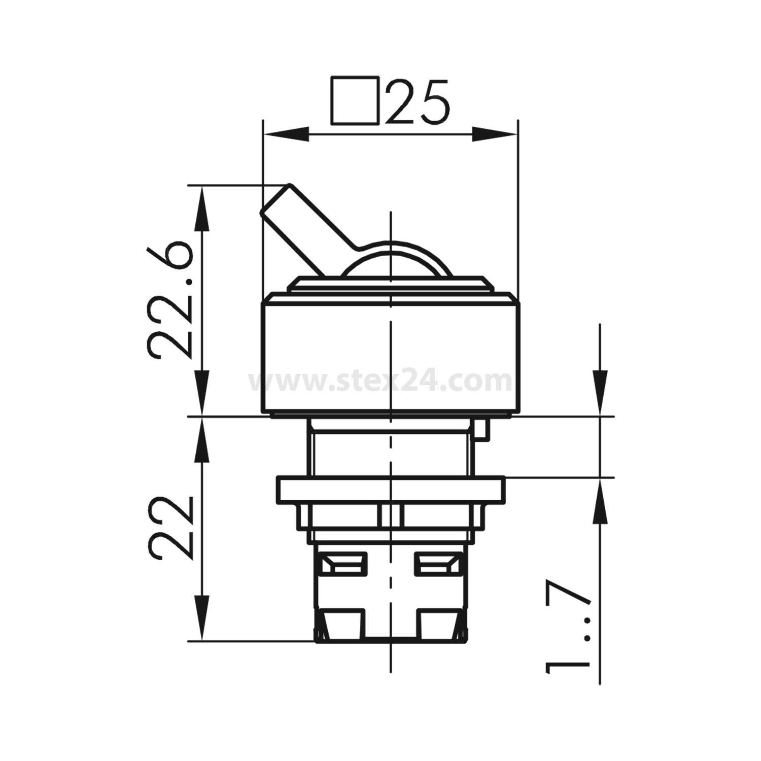 Technische Zeichnung eines Drehschalters mit Abmessungen: 25x22,6 mm, Basislänge 22 mm und Kontaktabstand 1,7 mm.