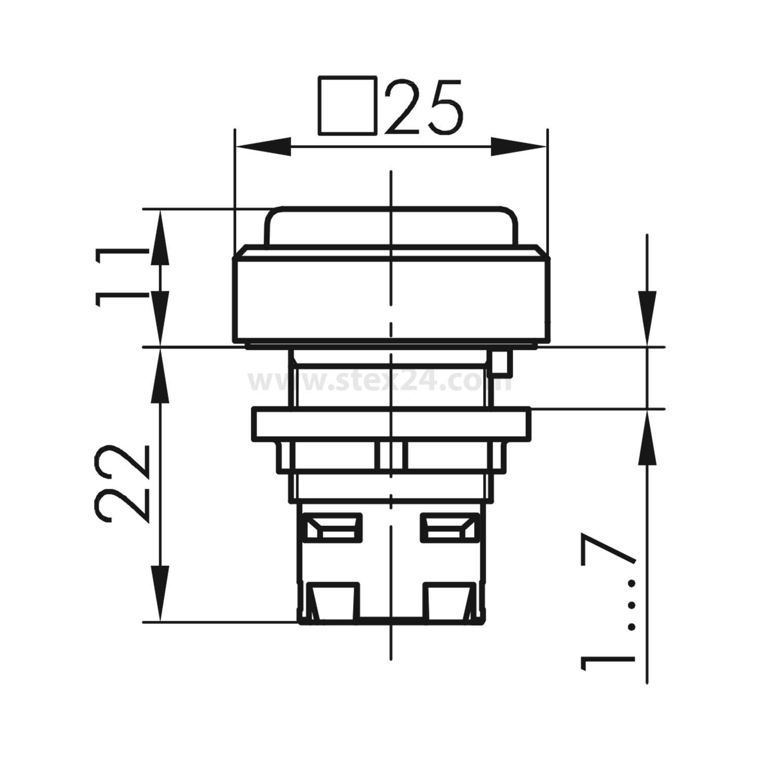 Eine technische Zeichnung eines Knopfes mit präzisen Maßangaben: Breite 25 mm, Höhe 11 mm und Tiefe 22 mm, verwendet als technische Referenz.