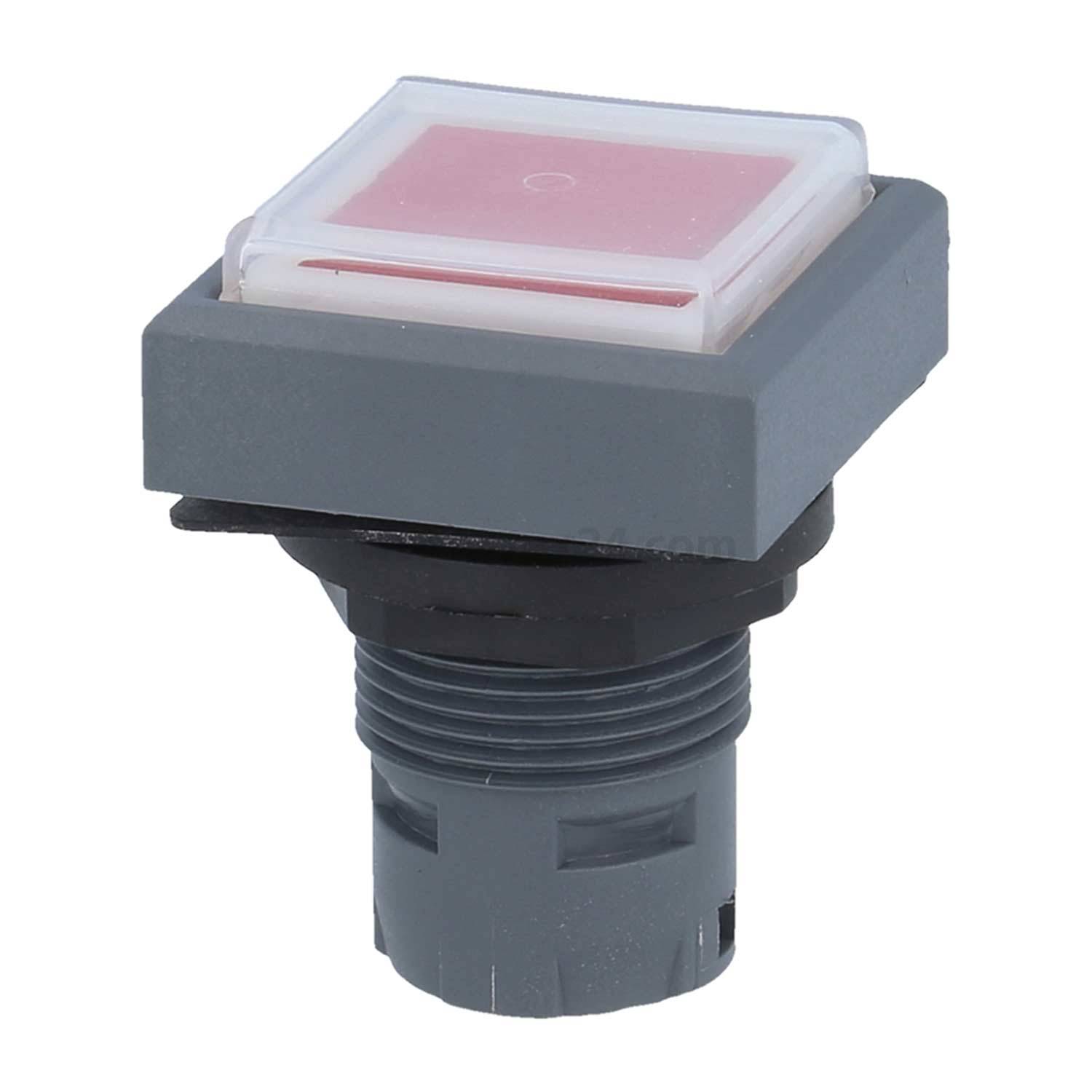 Ein quadratischer, roter Druckknopf mit grauem Gehäuse und Montagefuß, der für industrielle oder maschinelle Anwendungen konzipiert ist.