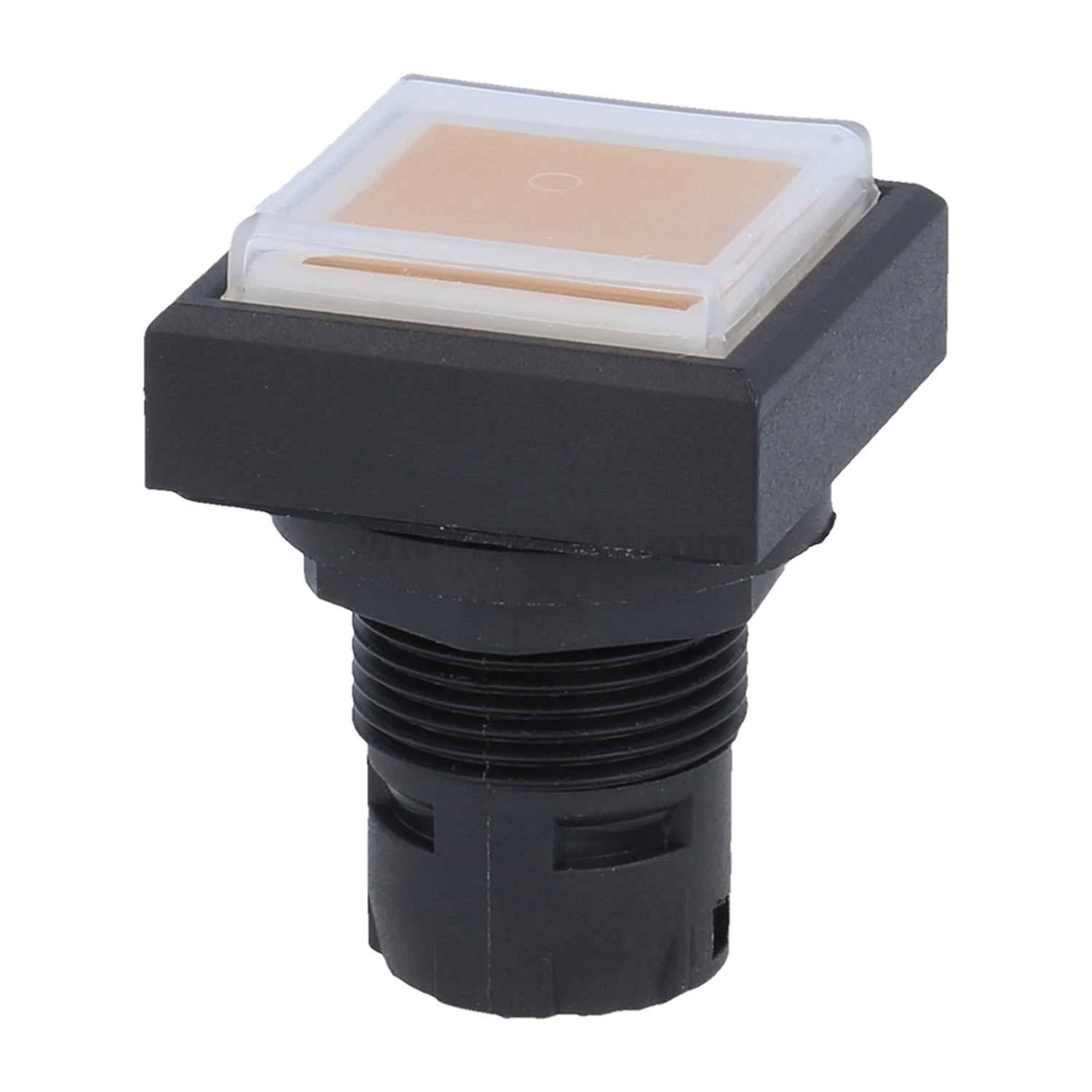 Tastschalter mit quadratischer, flacher Taste und zylindrischem Gehäuse.