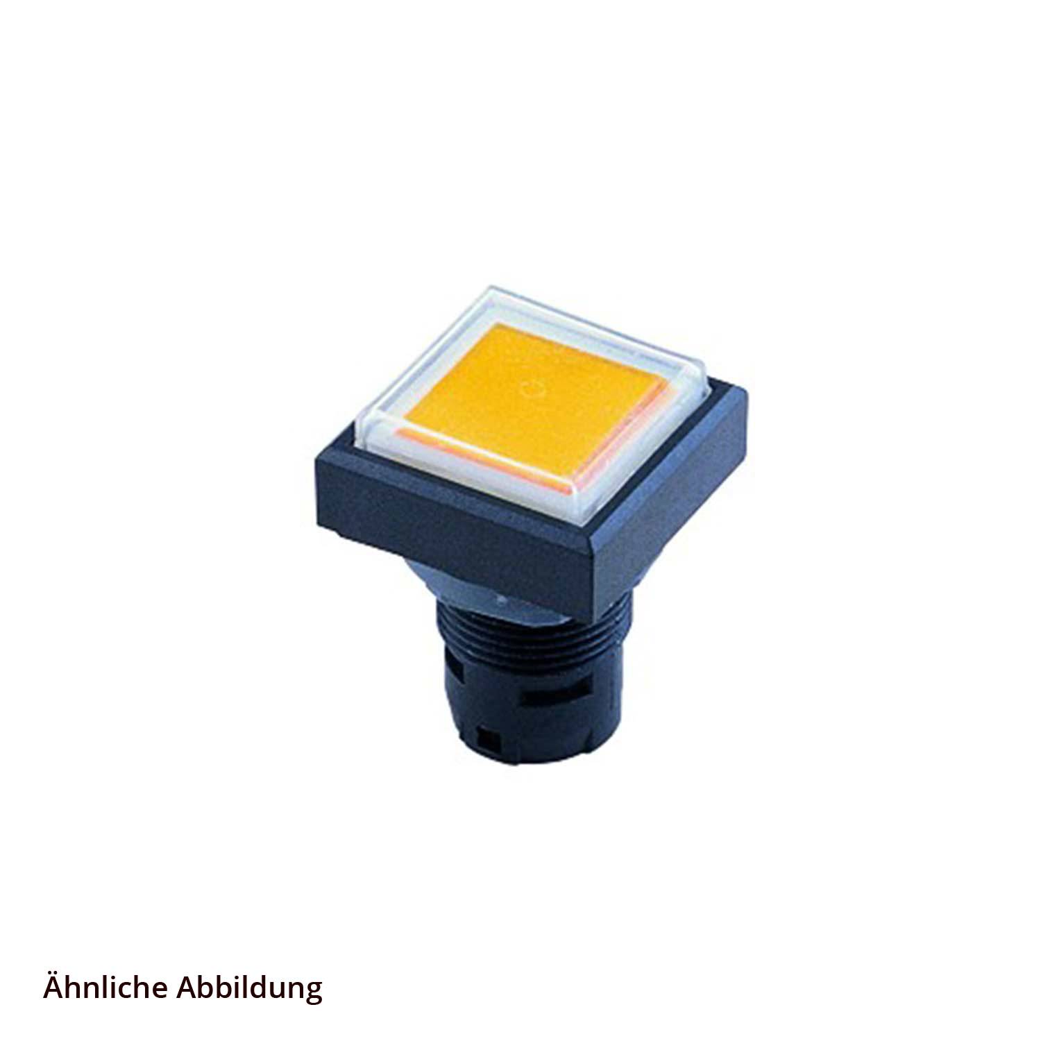 Ein quadratischer Drucktaster mit einer orangefarbenen Oberfläche und einer schwarzen Basis.