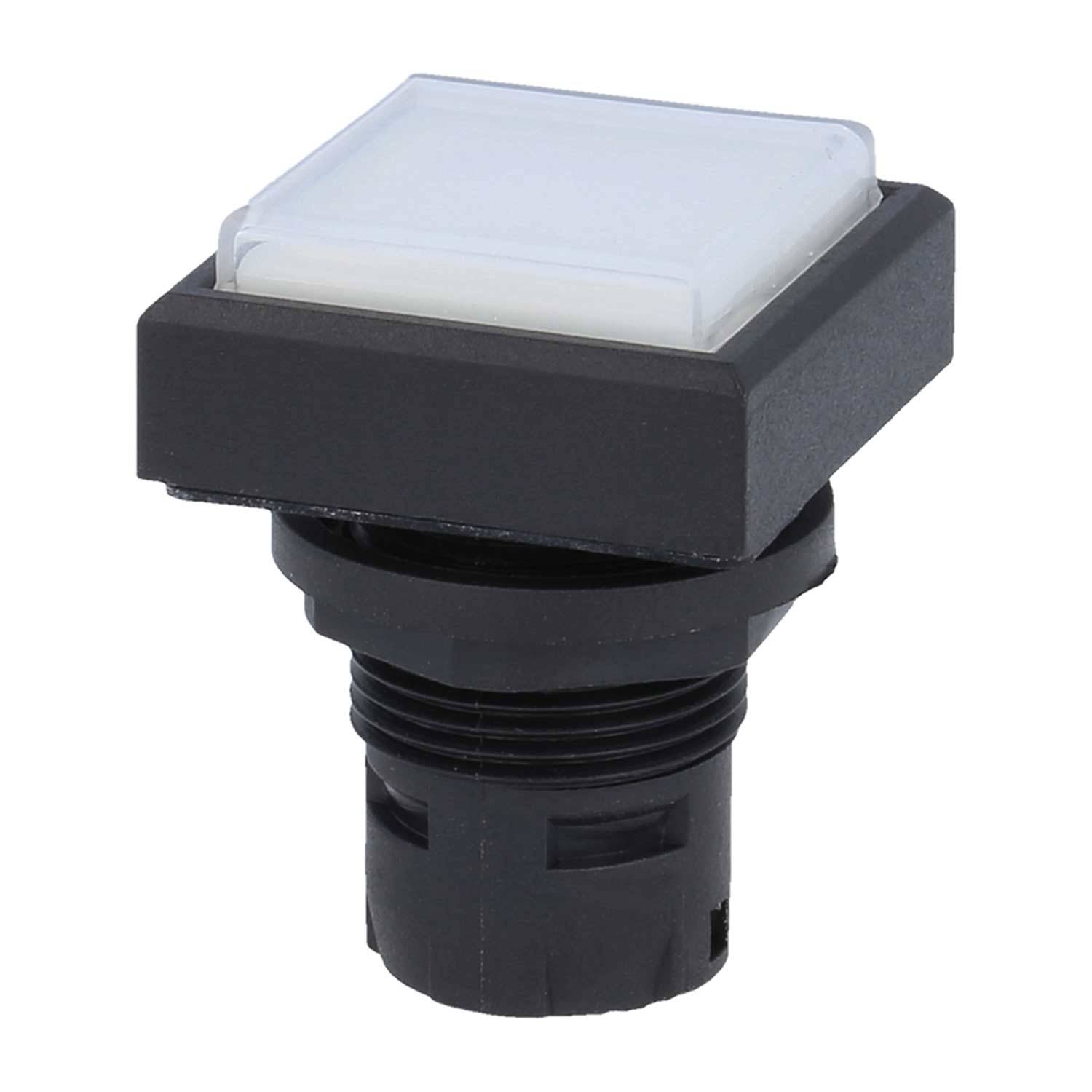 Quadratischer Drucktaster mit schwarzem Gehäuse und transluzent weißem Oberteil, der häufig in elektronischen Geräten zur Benutzerinteraktion verwendet wird.