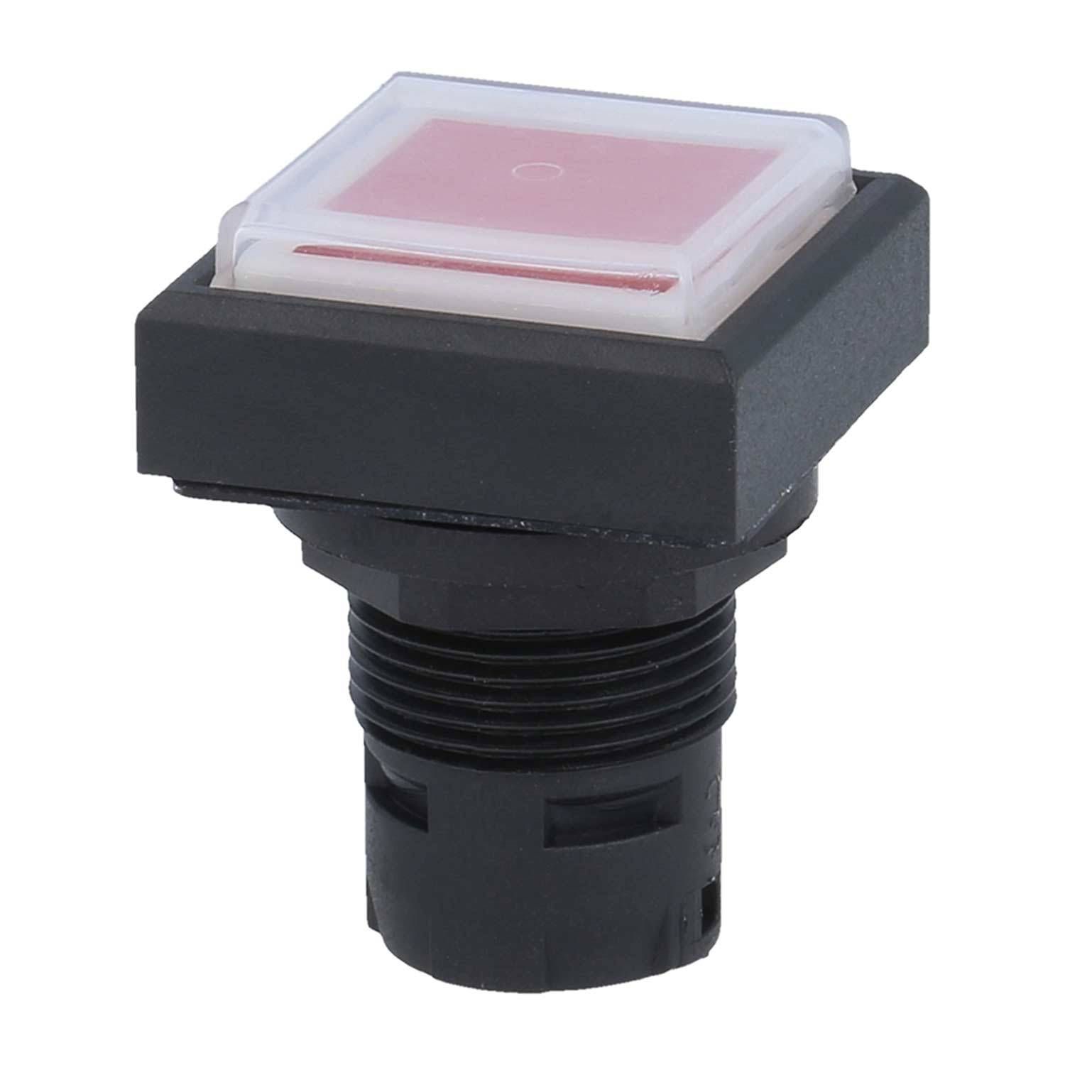 Ein rechteckiger Druckknopf mit einer roten Oberfläche und einer schwarzen Basis, konzipiert für elektronische Geräte, der typischerweise zur Steuerung von Strom oder Funktionen verwendet wird.