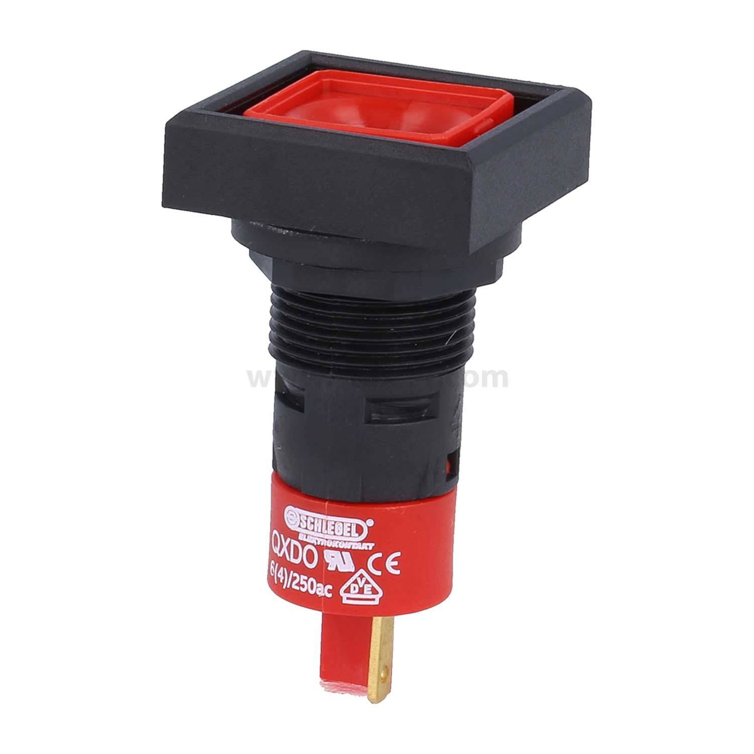 Ein rot-schwarzer Drucktastenschalter mit der Aufschrift „OXD0, 4V/250ac