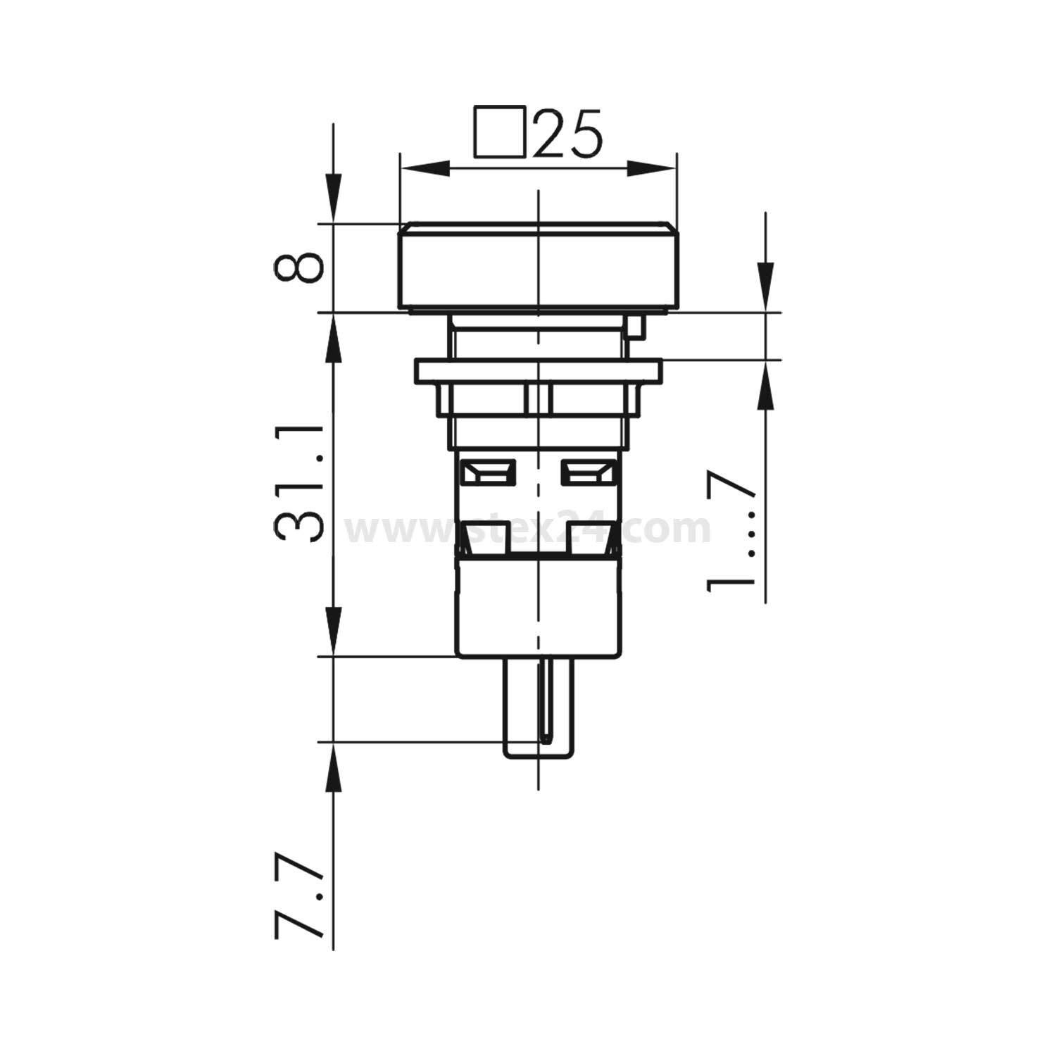 Technische Zeichnung eines zylindrischen elektrischen Bauteils mit Abmessungen: Breite 25 mm, Höhe 31,1 mm (ohne Verlängerung von 7,7 mm), mit beschrifteten Abschnitten.
