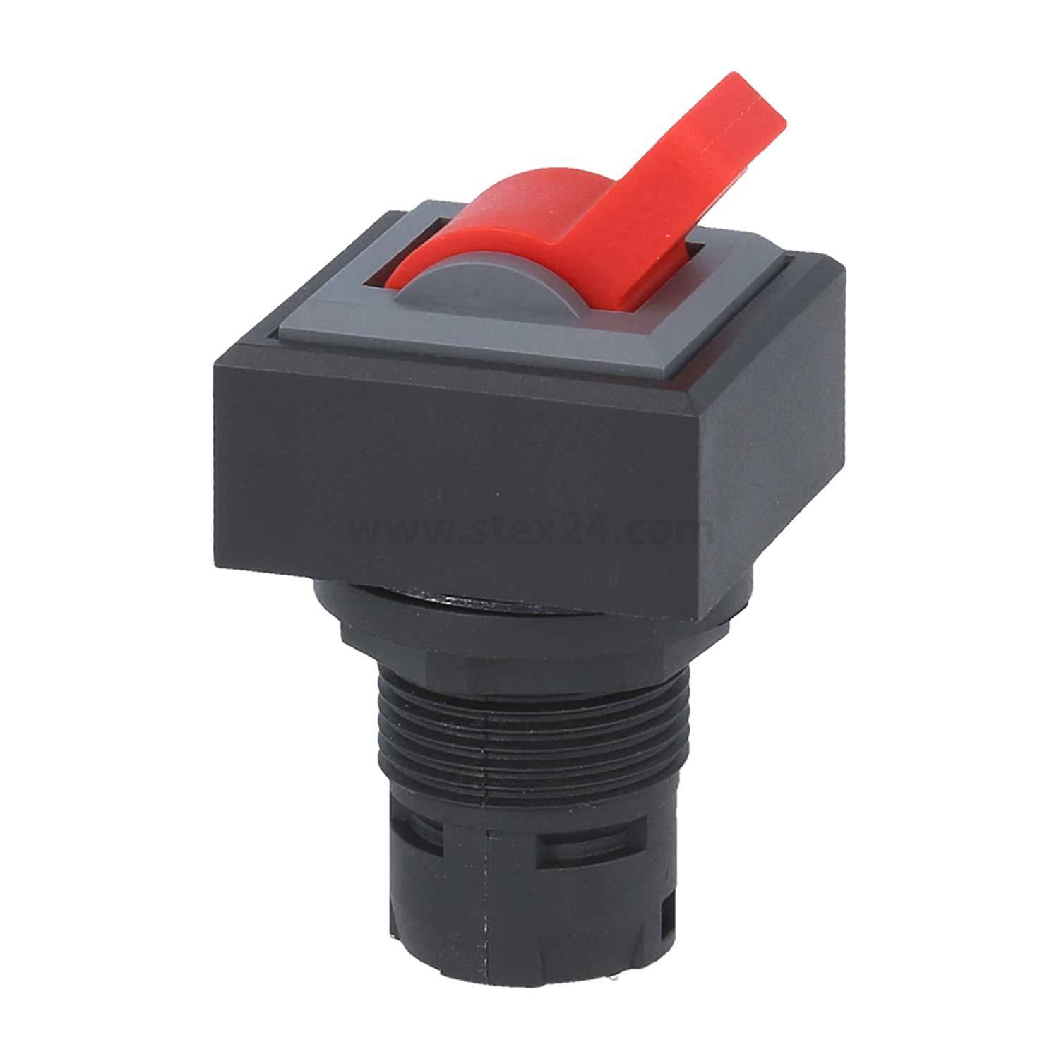 Ein quadratischer schwarzer Kippschalter mit einem roten Hebel und einer geränderten Montagebasis.